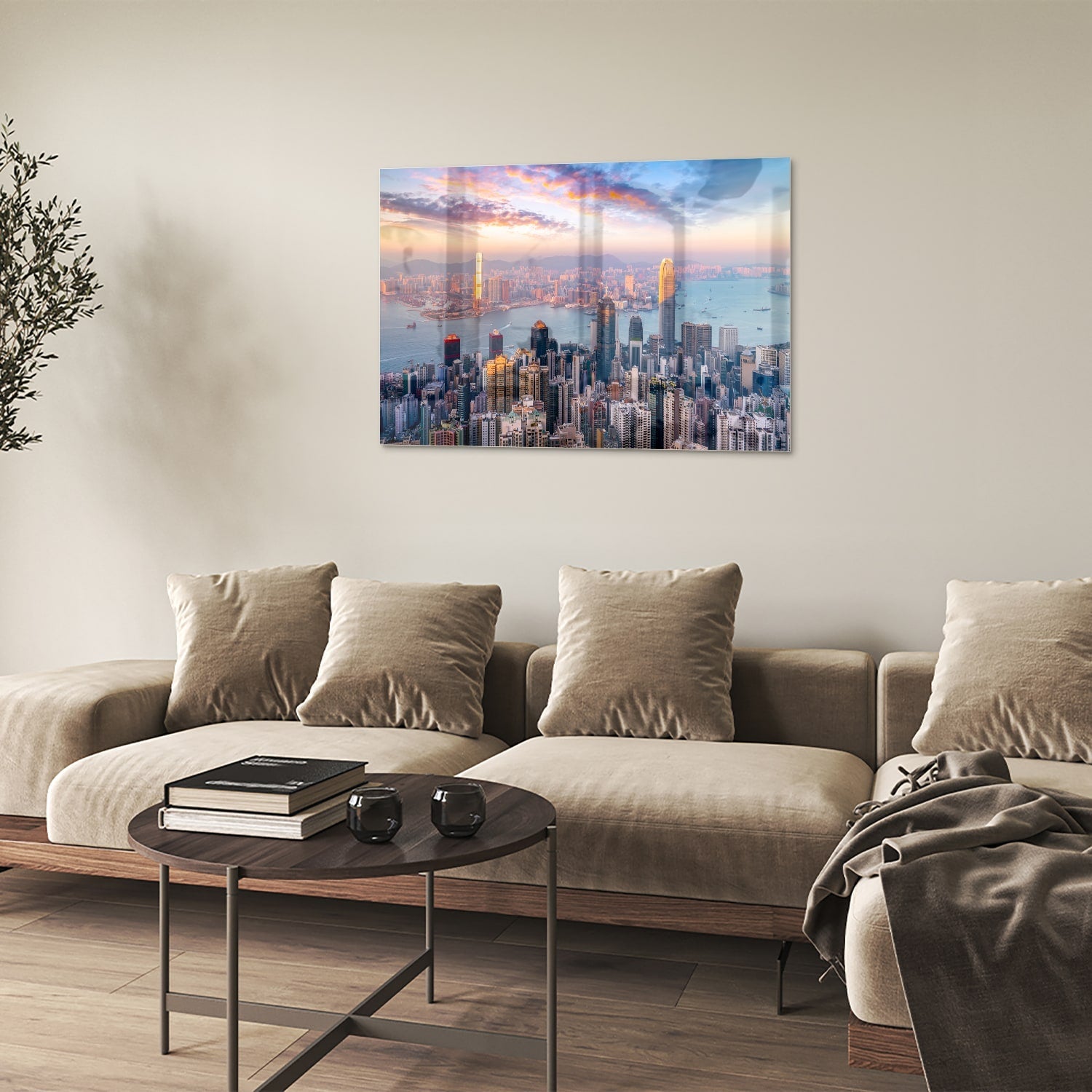 Glasbild mit Stadtansicht bei Sonnenuntergang – Glasbild aus Sicherheitsglas, Größe 50x50
