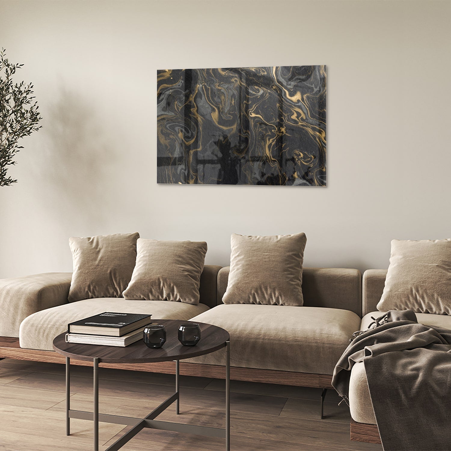 Elegantes schwarz-goldenes Glasbild für Ihr Wohnzimmer – Glasbild aus Sicherheitsglas, Größe 50x50
