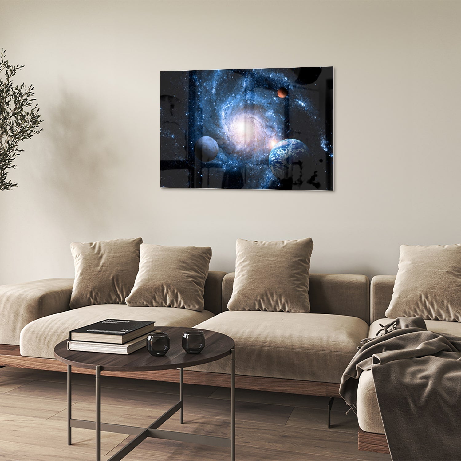 Glasbild mit Weltall und Planeten – Glasbild aus Sicherheitsglas, Größe 50x50