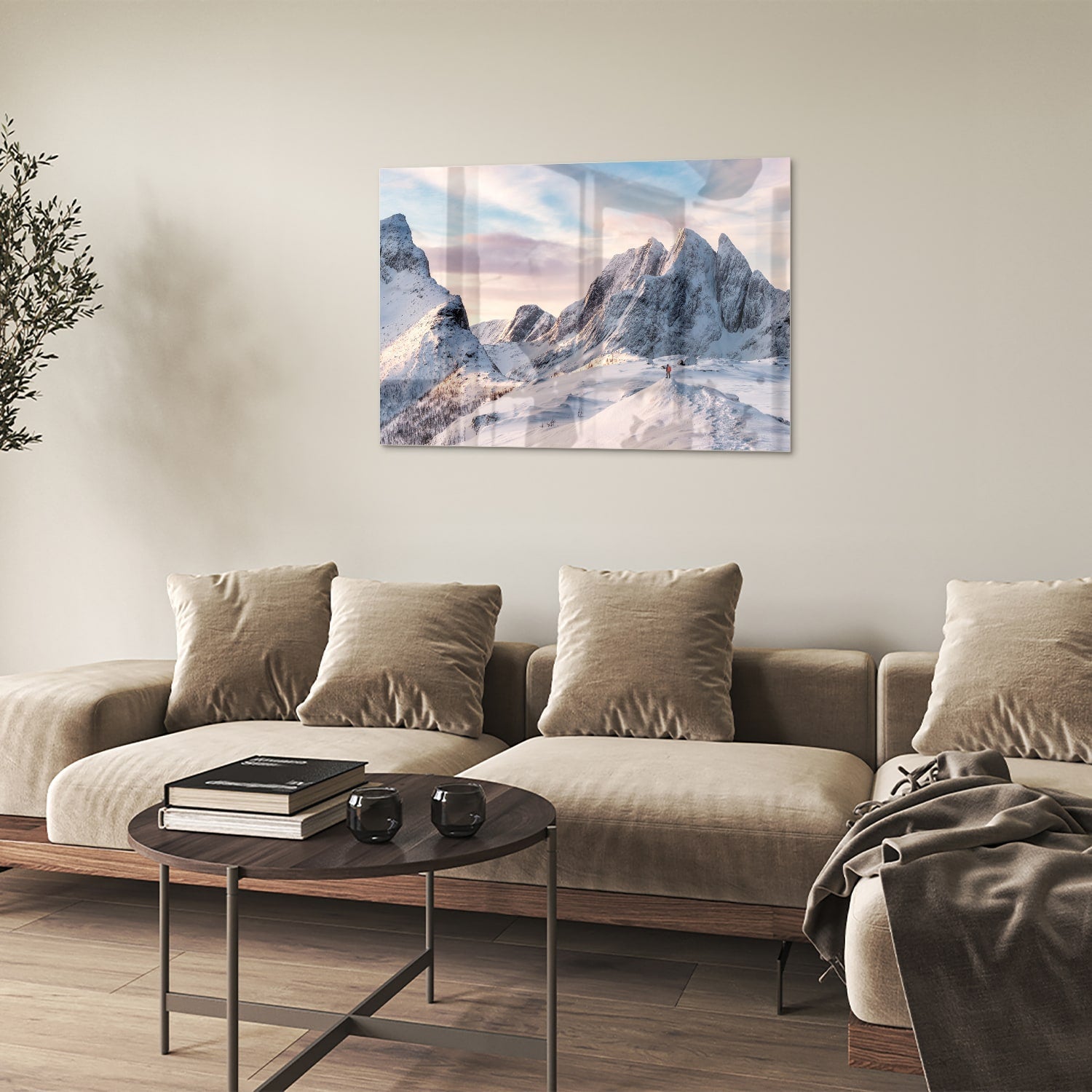 Atemberaubendes Glasbild mit verschneiten Bergen – Glasbild aus Sicherheitsglas, Größe 50x50