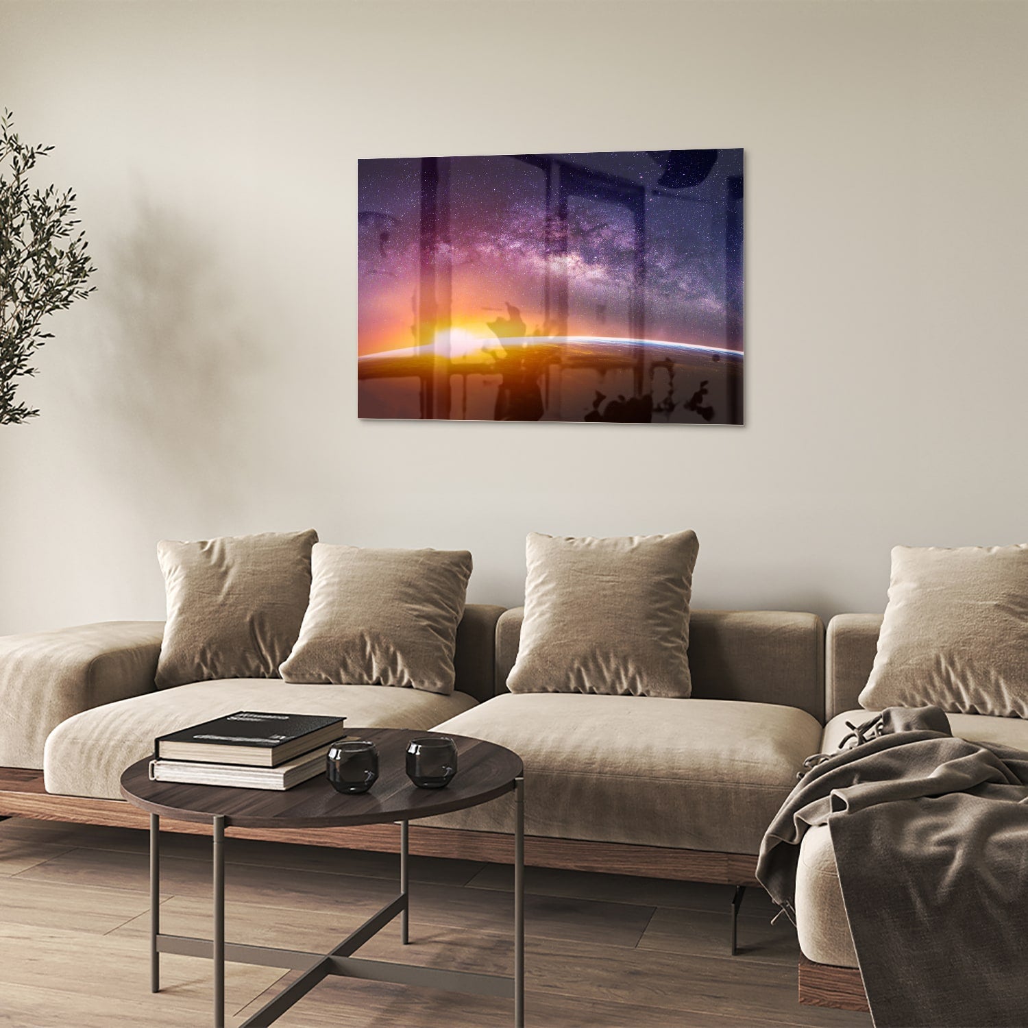 Glasbild mit einem Sternenhimmel bei Sonnenuntergang – Glasbild aus Sicherheitsglas, Größe 50x50