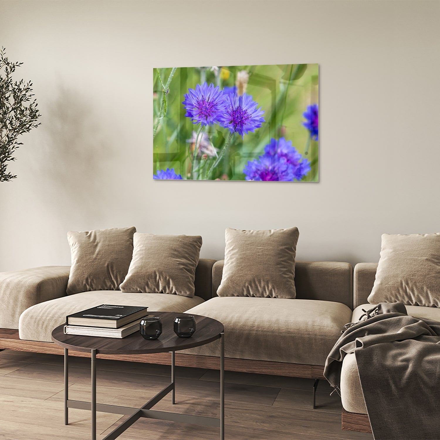 Glasbild mit violetten Blumen für moderne Einrichtungen – Glasbild aus Sicherheitsglas, Größe 50x50