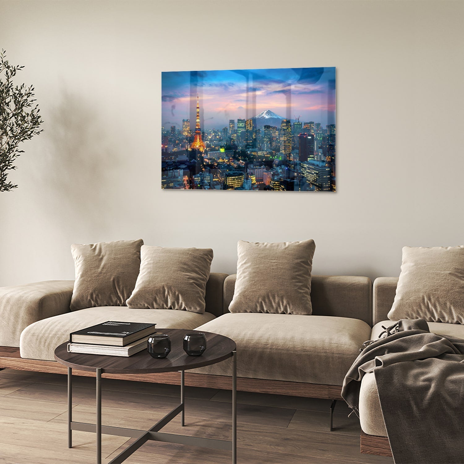 Glasbild mit Stadtpanorama, Fuji und Tokyo Tower – Glasbild aus Sicherheitsglas, Größe 50x50