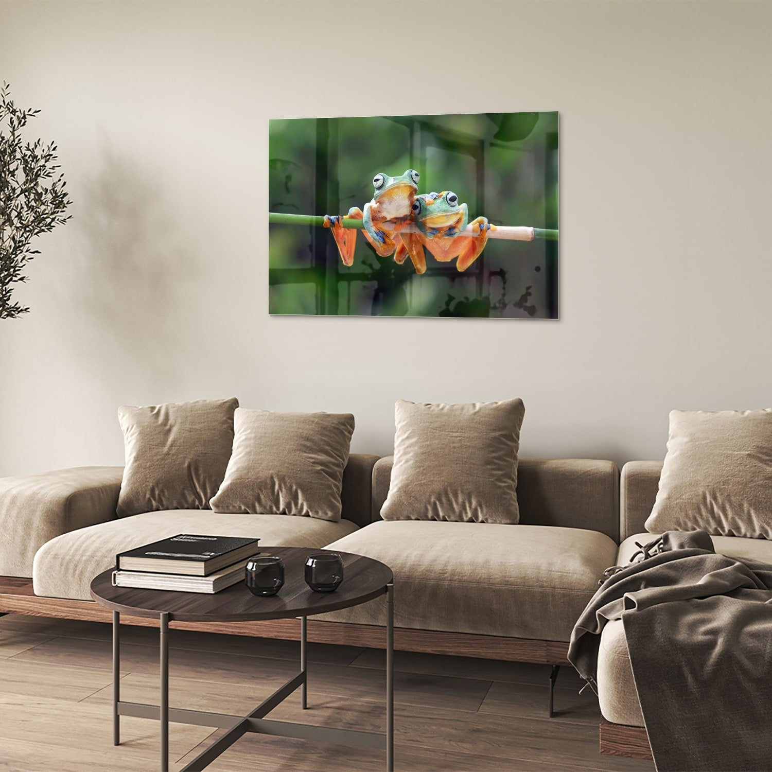 Fröhliches Glasbild mit Frosch auf einem Ast – Glasbild aus Sicherheitsglas, Größe 50x50