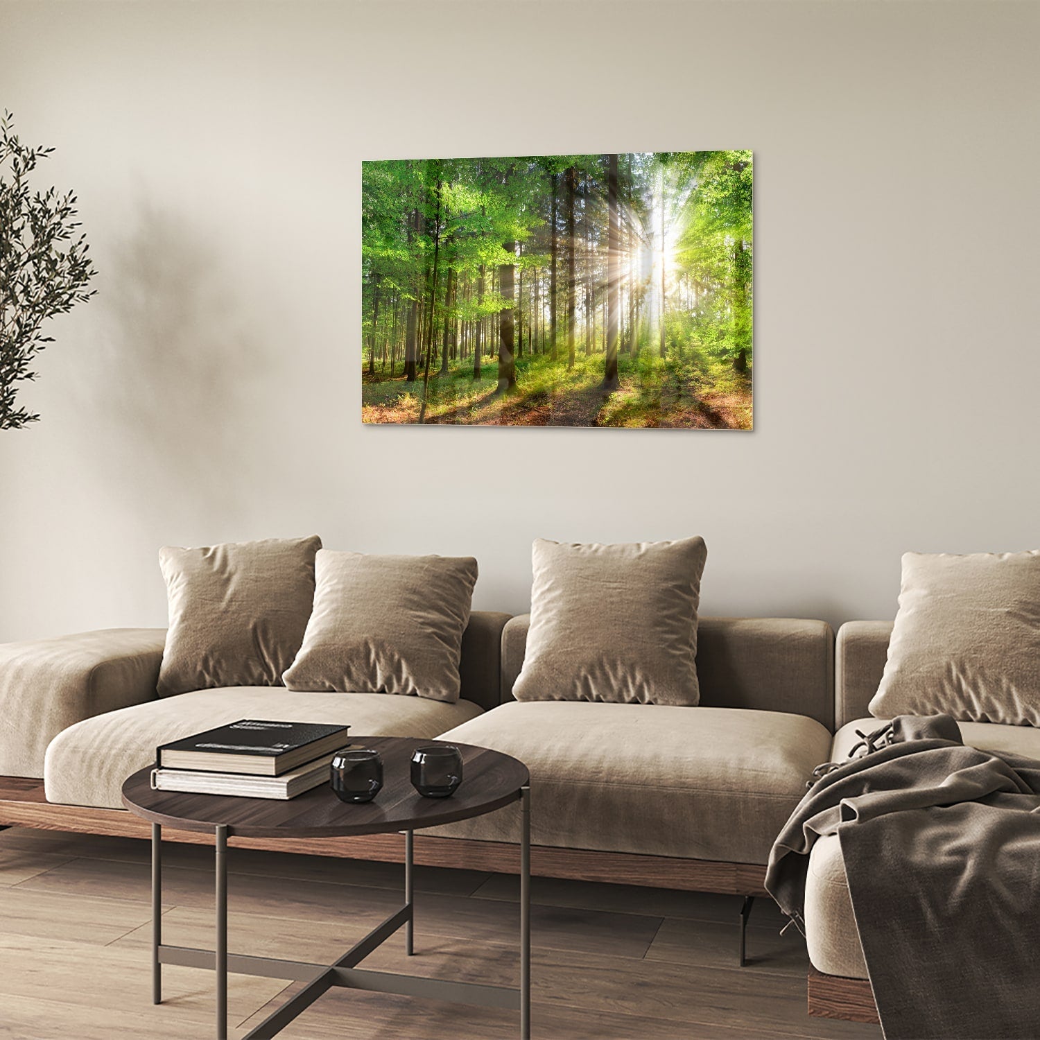 Glasbild mit sonnigem Wald für die Wohndekoration – Glasbild aus Sicherheitsglas, Größe 50x50