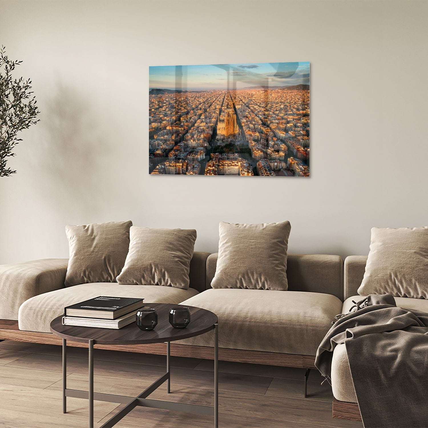 Glasbild mit atemberaubendem Stadtblick bei Sonnenuntergang – Glasbild aus Sicherheitsglas, Größe 50x50