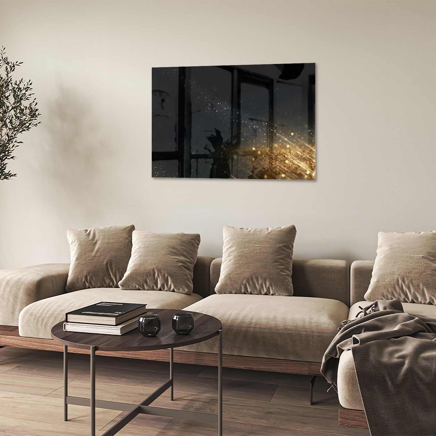 Schwarzes Glasbild mit Sternen und Lichtreflexionen – Glasbild aus Sicherheitsglas, Größe 50x50