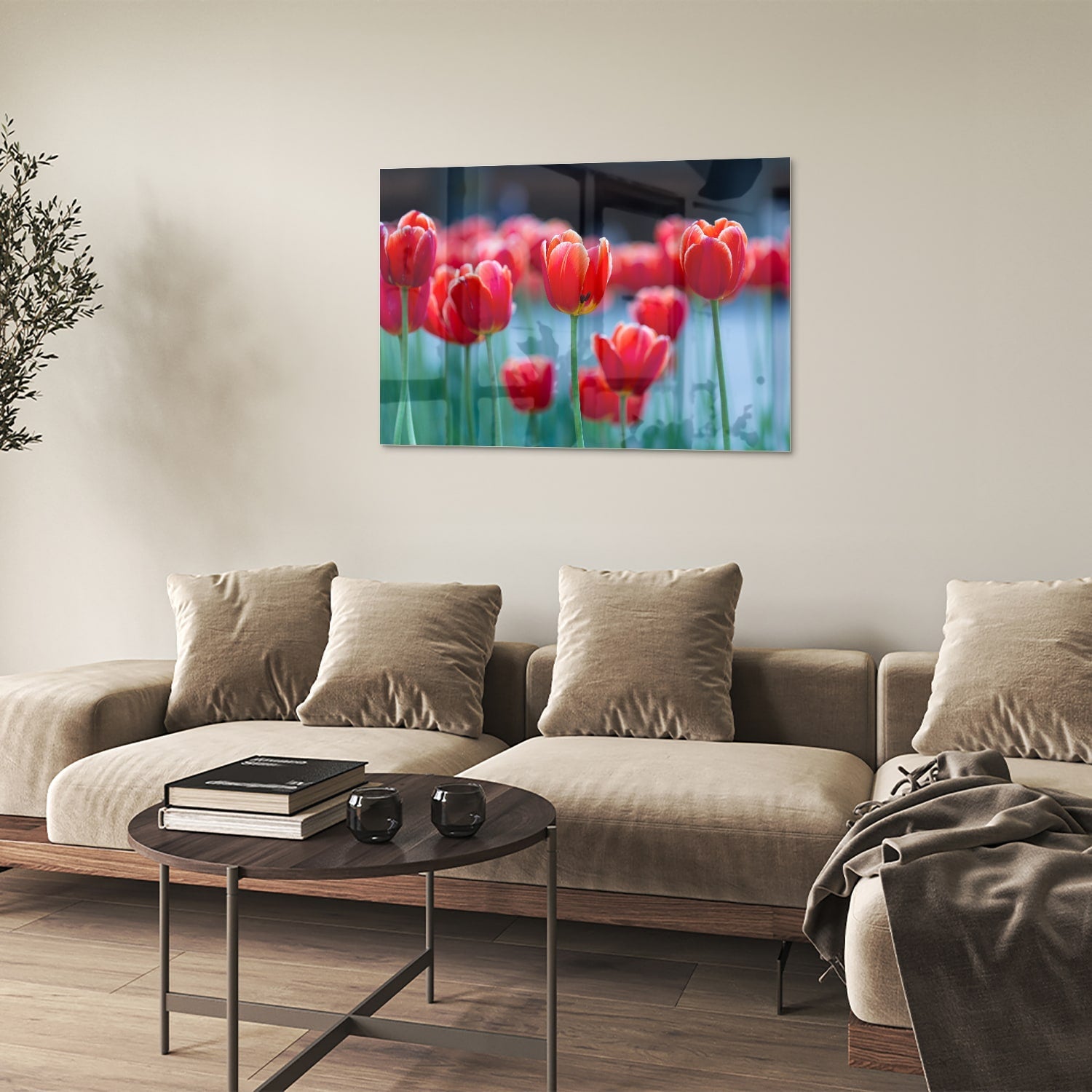 Glasbild – Lebendige rote Tulpen – Glasbild aus Sicherheitsglas, Größe 50x50