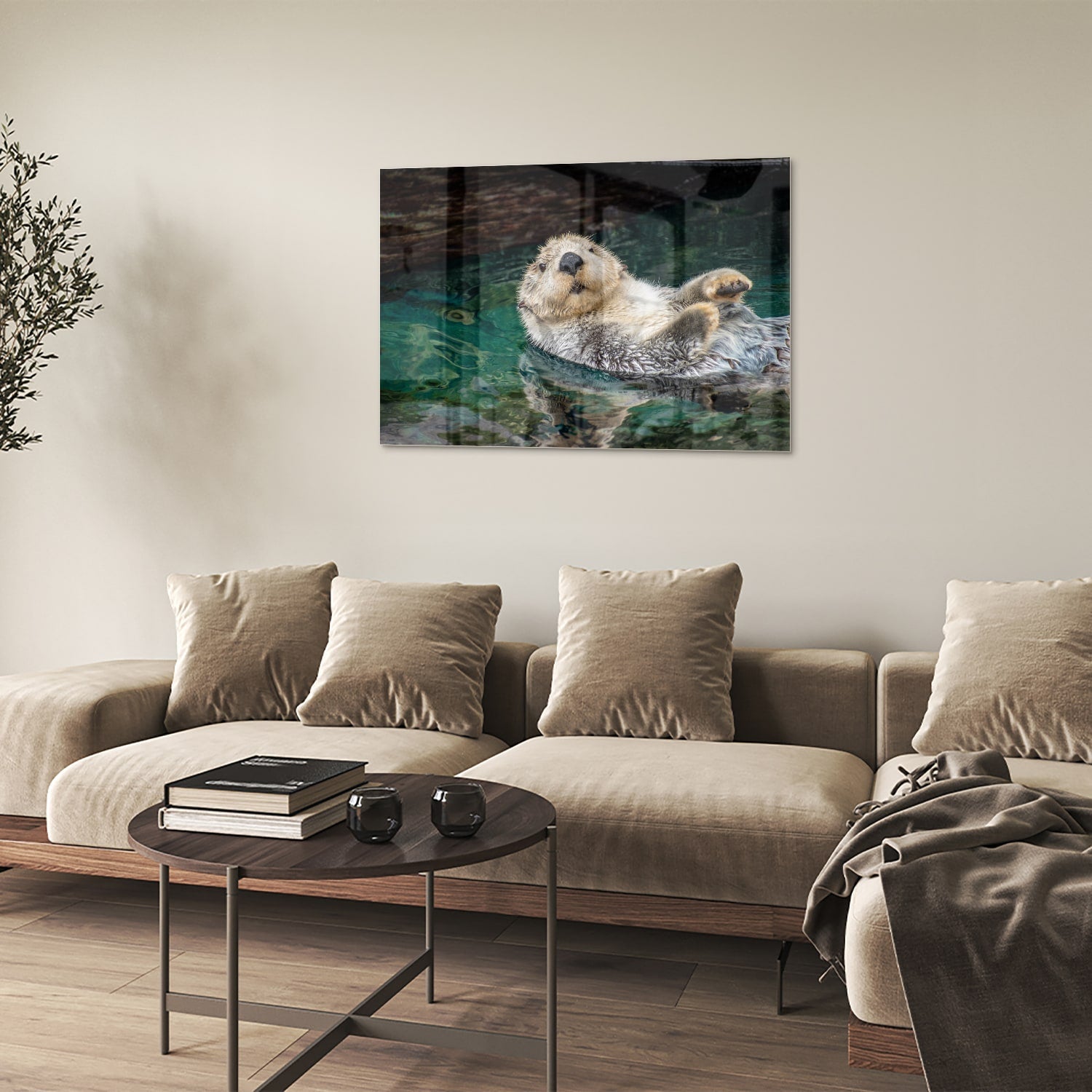 Glasbild mit schwimmendem Seeotter – Glasbild aus Sicherheitsglas, Größe 50x50