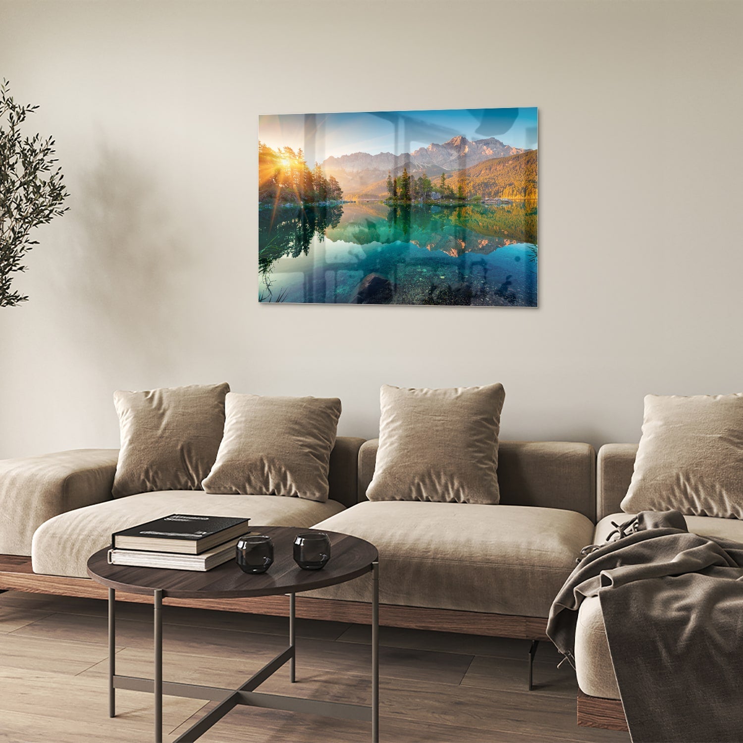 Wunderschönes Glasbild mit Berglandschaft und See – Glasbild aus Sicherheitsglas, Größe 50x50