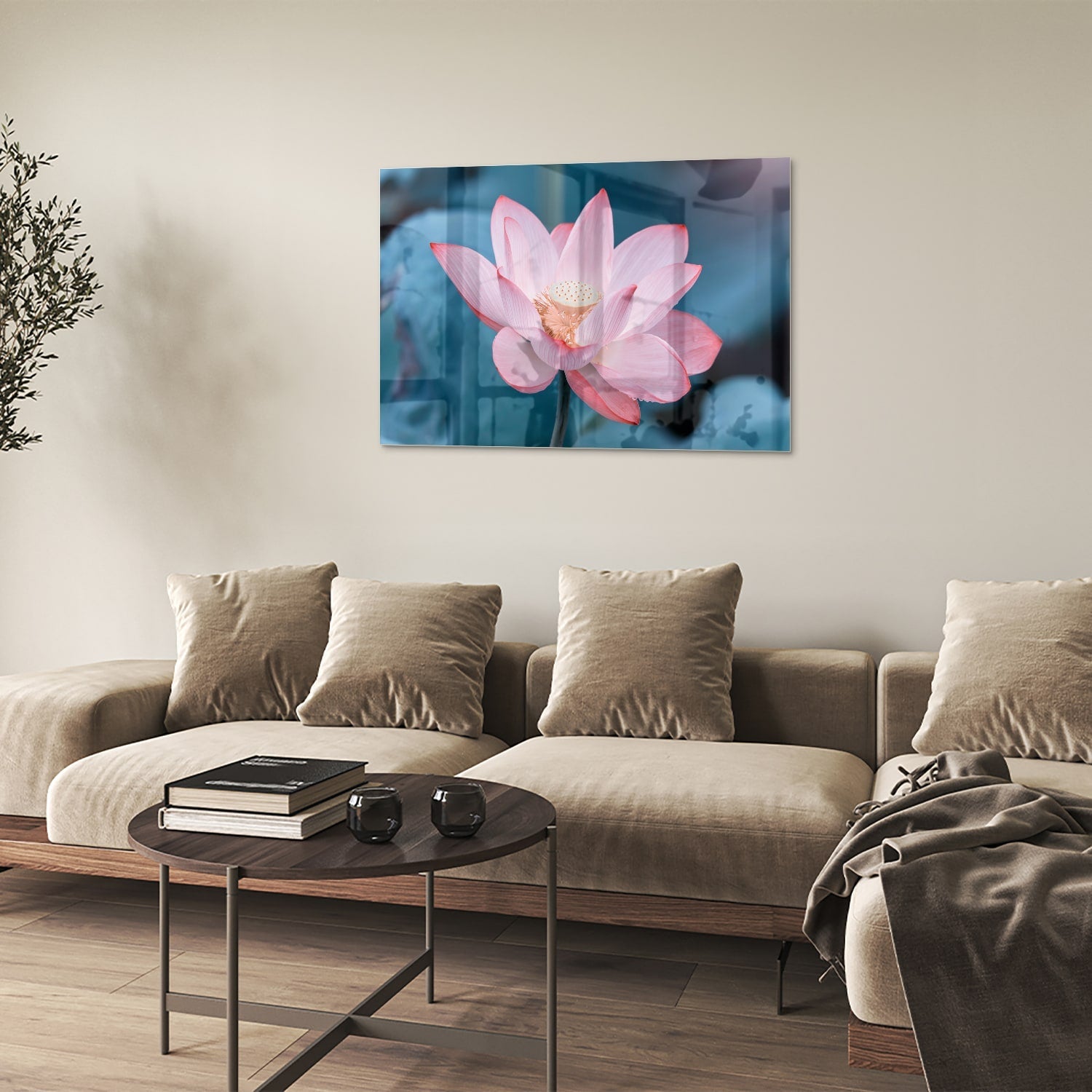 Wunderschönes Glasbild mit rosa Lotus – Glasbild aus Sicherheitsglas, Größe 50x50