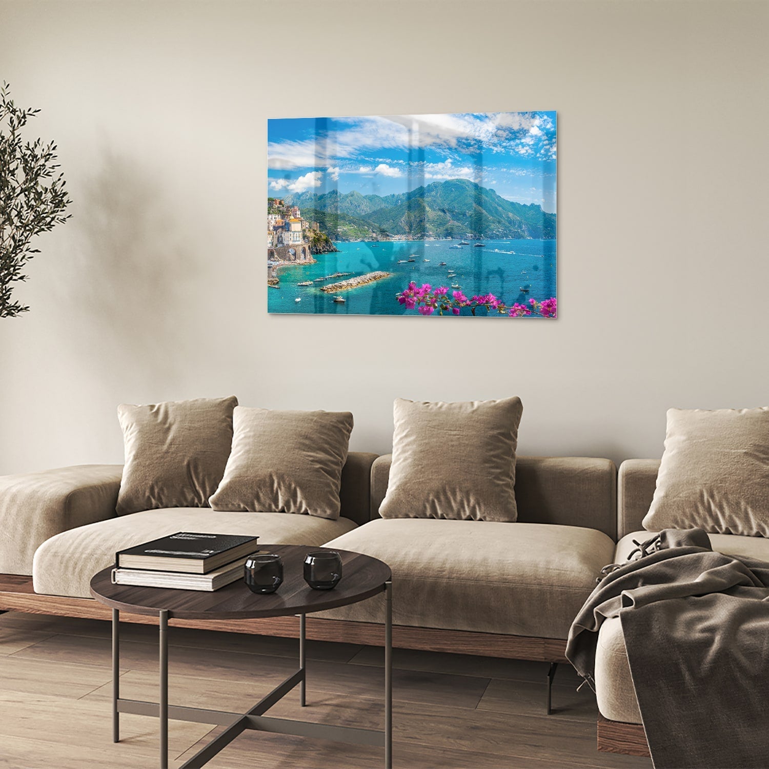 Glasbild mit blauem See und Bergen – Glasbild aus Sicherheitsglas, Größe 50x50