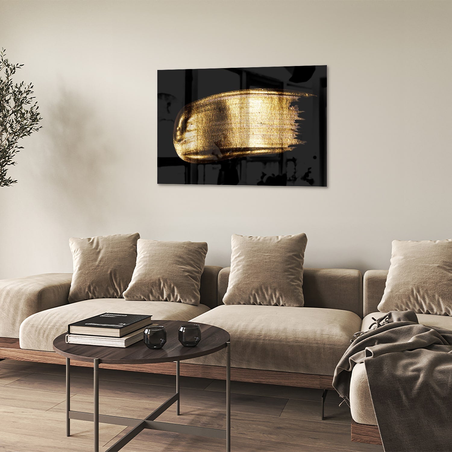 Goldenes abstraktes Glasbild auf schwarzem Hintergrund – Glasbild aus Sicherheitsglas, Größe 50x50