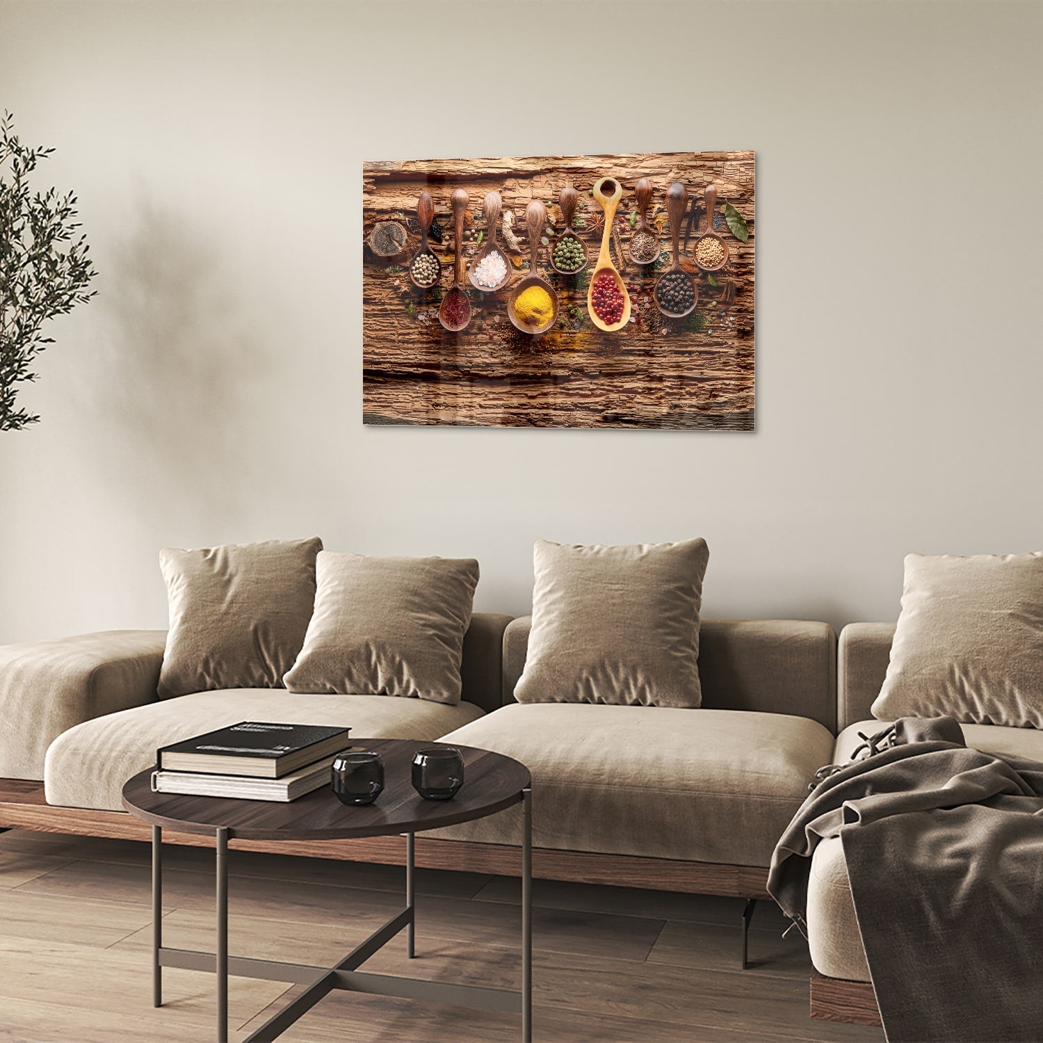 Buntes Glasbild mit Gewürzen und Löffelmotiven – Glasbild aus Sicherheitsglas, Größe 50x50