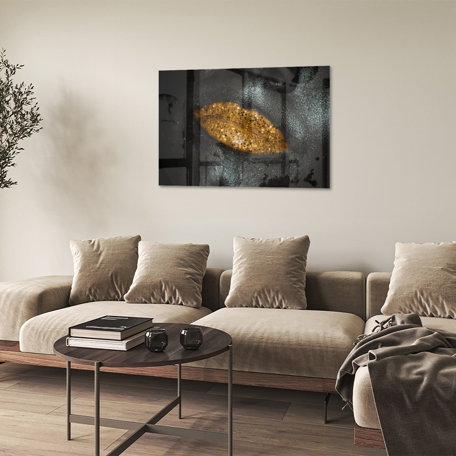 Glasbild mit goldenem Blatt für Ihr Interieur – Glasbild aus Sicherheitsglas, Größe 50x50