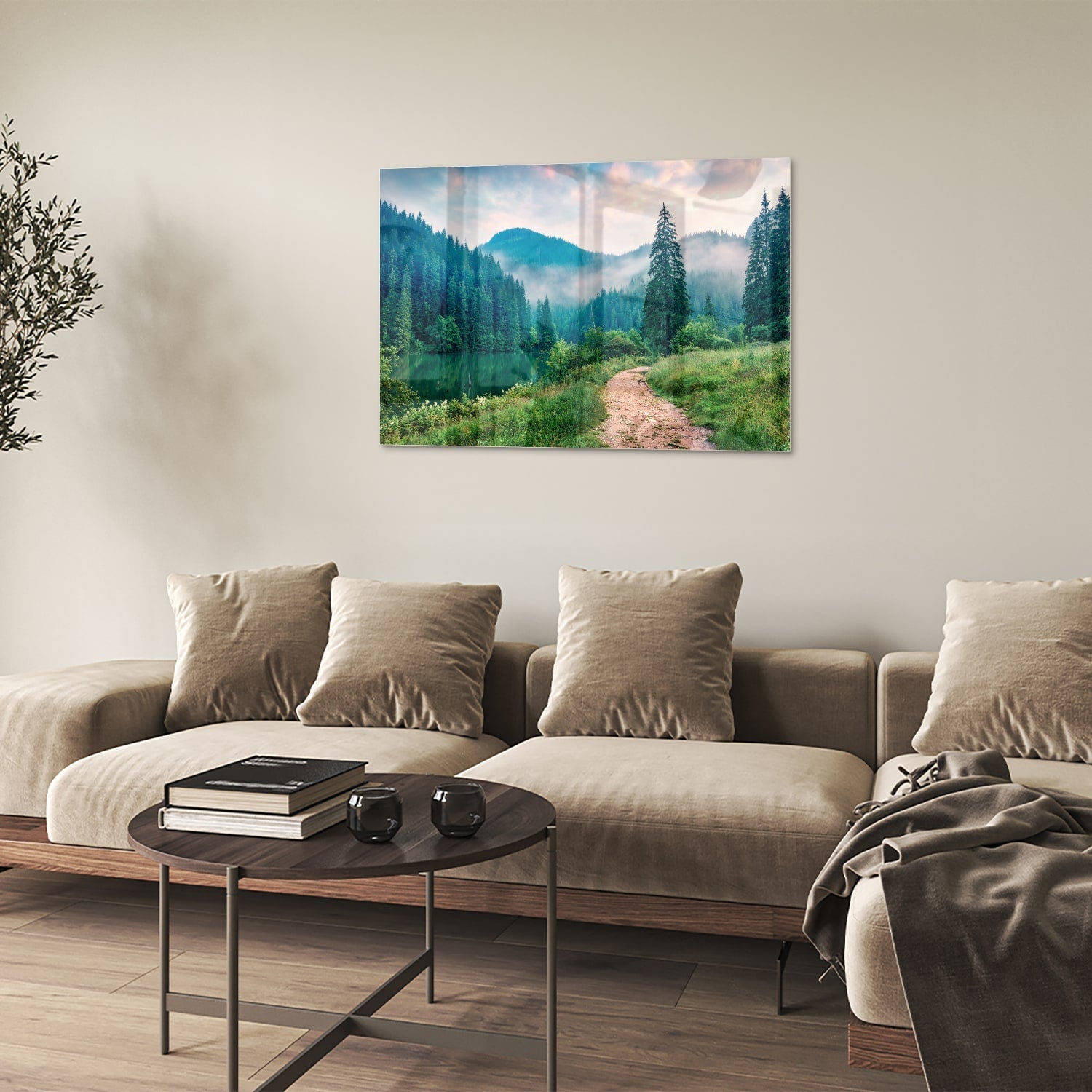 Stimmungsvolles Glasbild mit einer Berglandschaft – Glasbild aus Sicherheitsglas, Größe 50x50