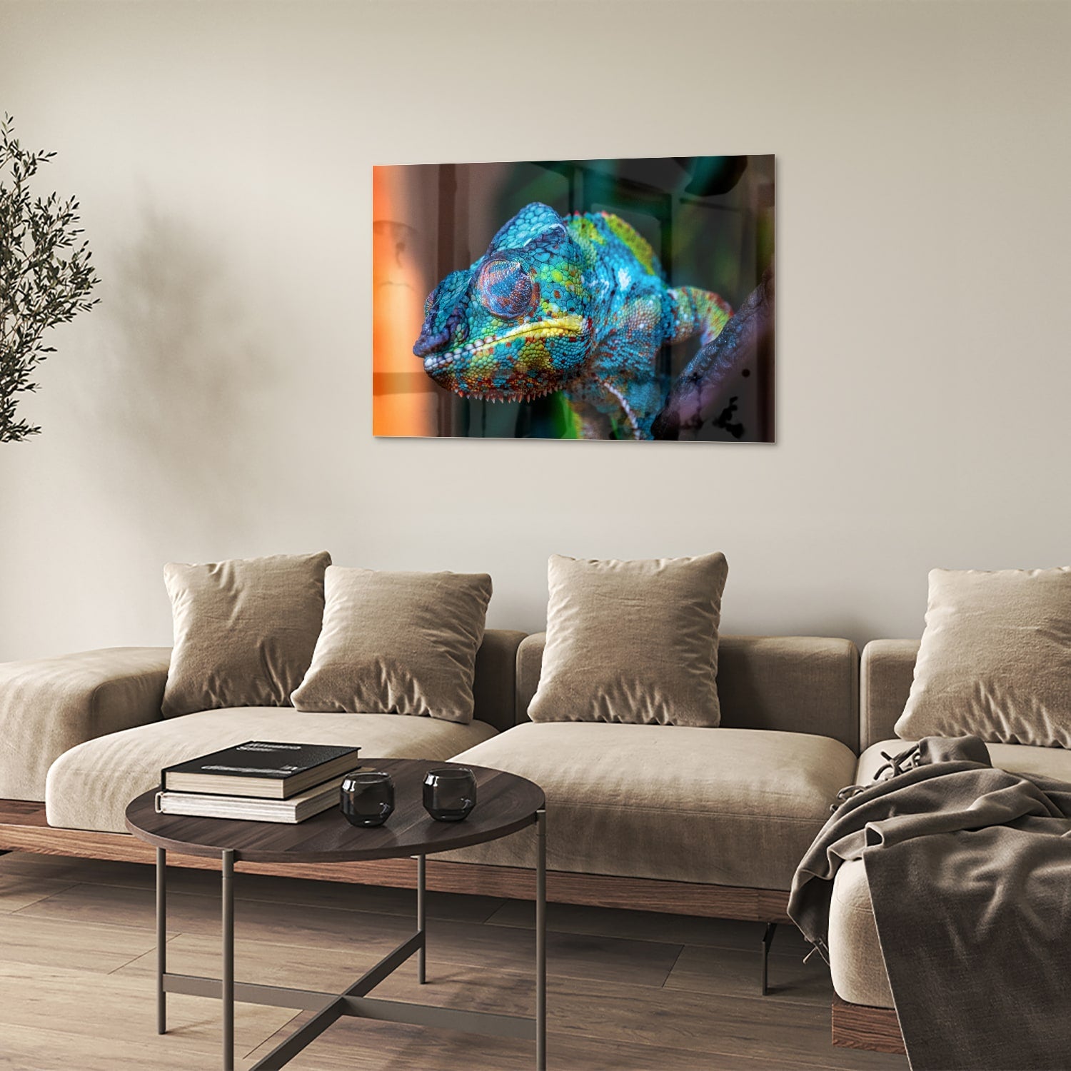 Farbenfrohes Chamäleon-Glasbild für Ihr Interieur – Glasbild aus Sicherheitsglas, Größe 50x50