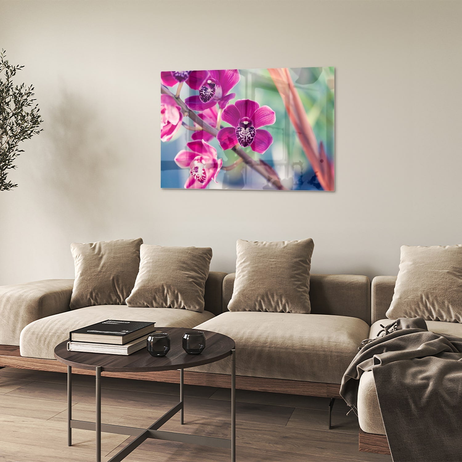 Wunderschönes Glasbild mit violetten Orchideen – Glasbild aus Sicherheitsglas, Größe 50x50