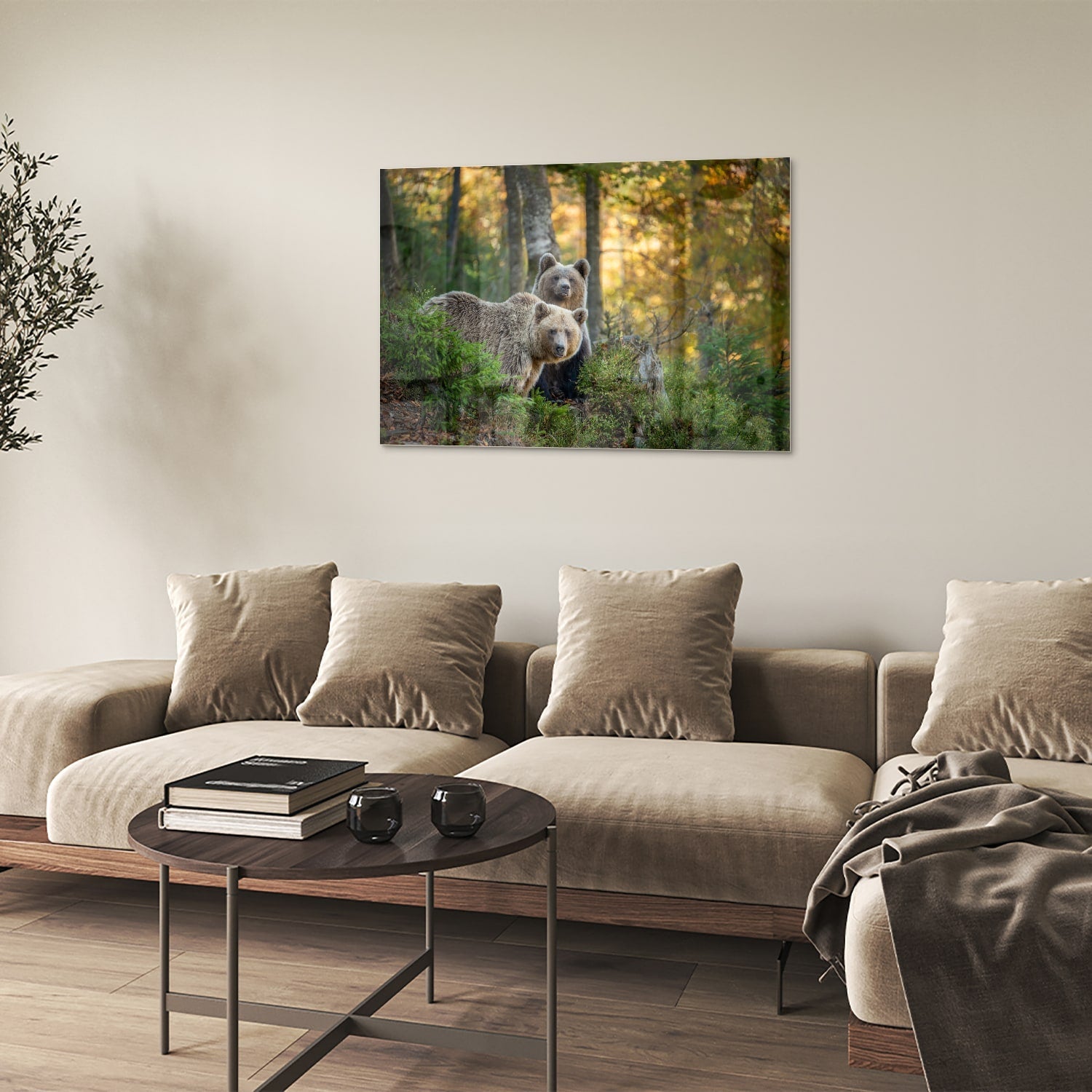 Glasbild mit zwei niedlichen Bären im Wald – Glasbild aus Sicherheitsglas, Größe 50x50