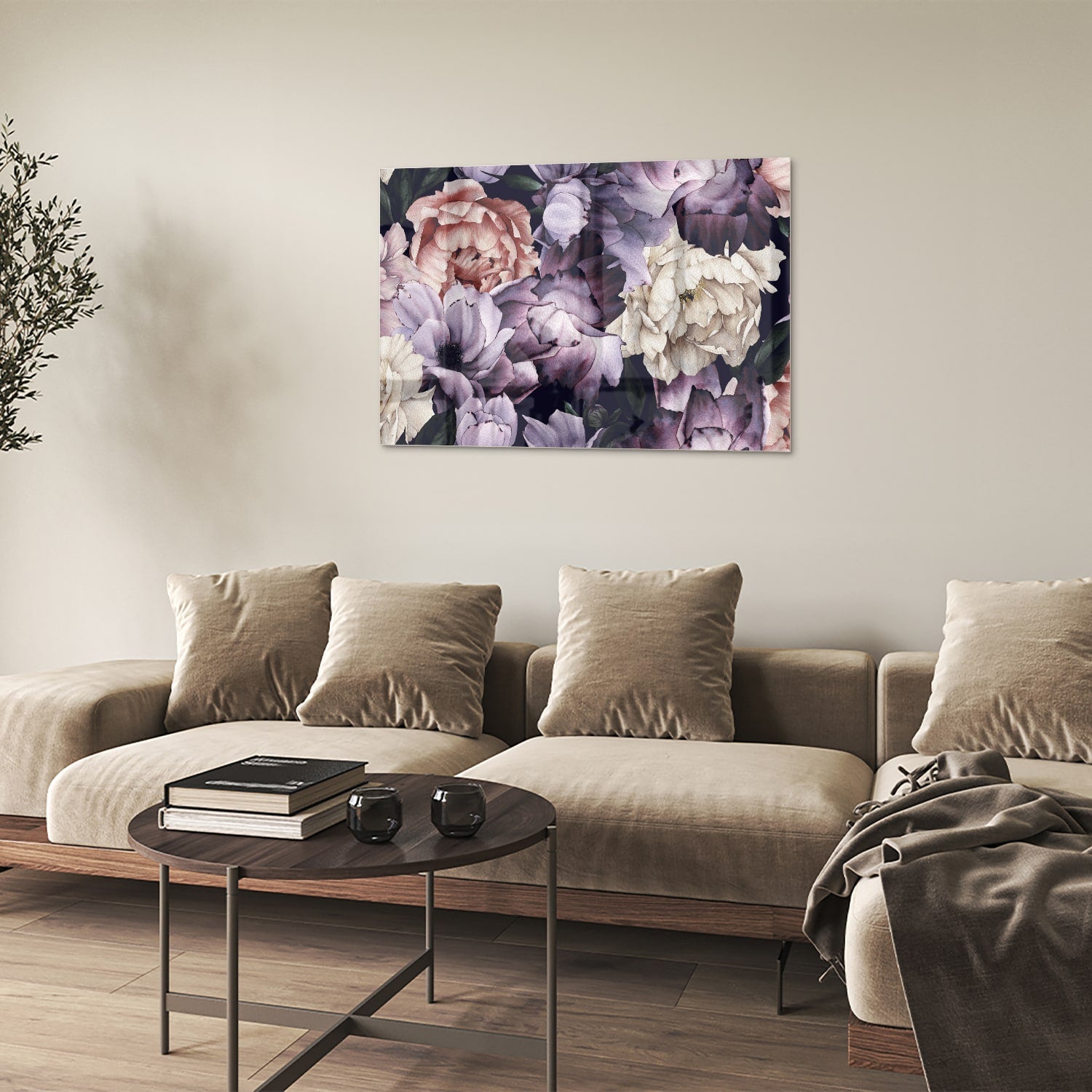 Glasbild mit wunderschönen violetten Blumen – Glasbild aus Sicherheitsglas, Größe 50x50