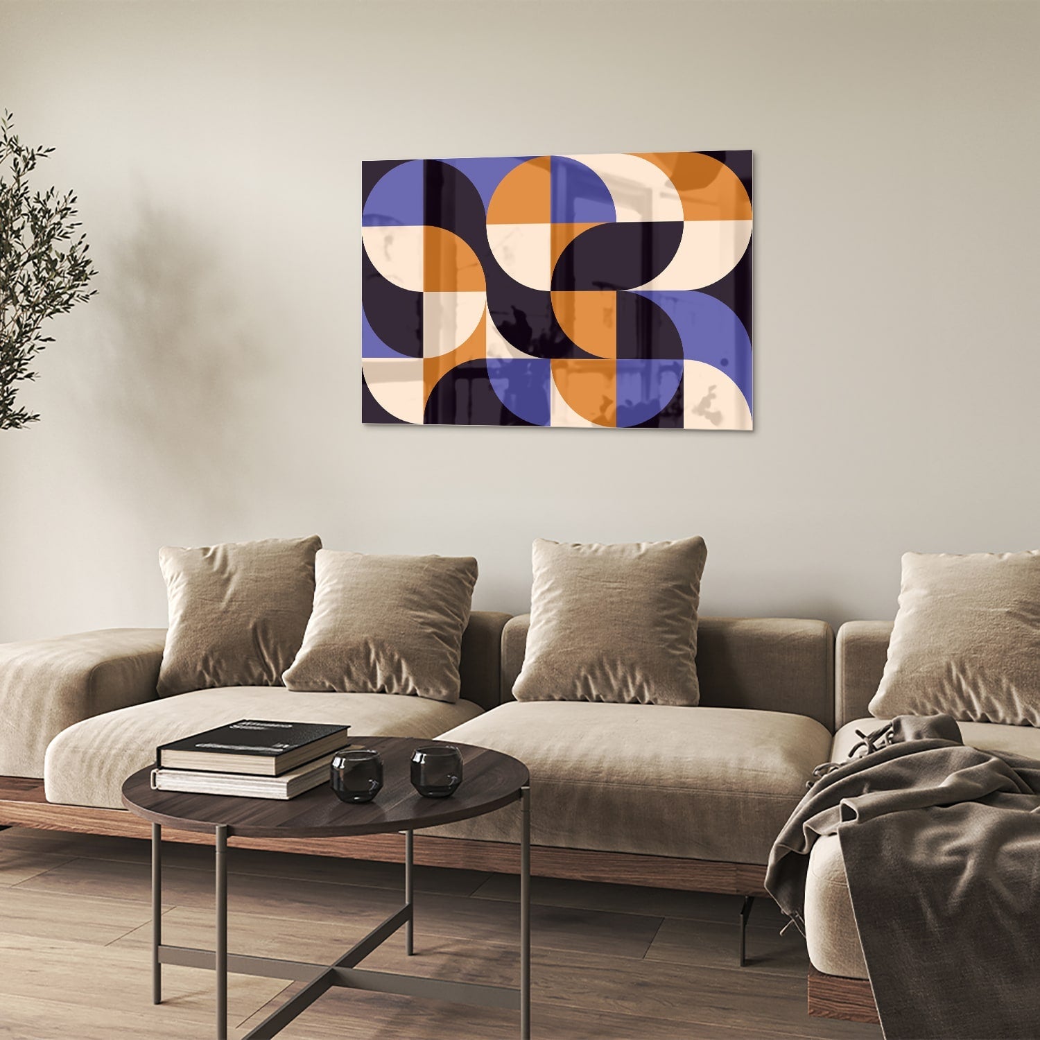 Abstraktes Glasbild in blauen und Orangetönen – Glasbild aus Sicherheitsglas, Größe 50x50