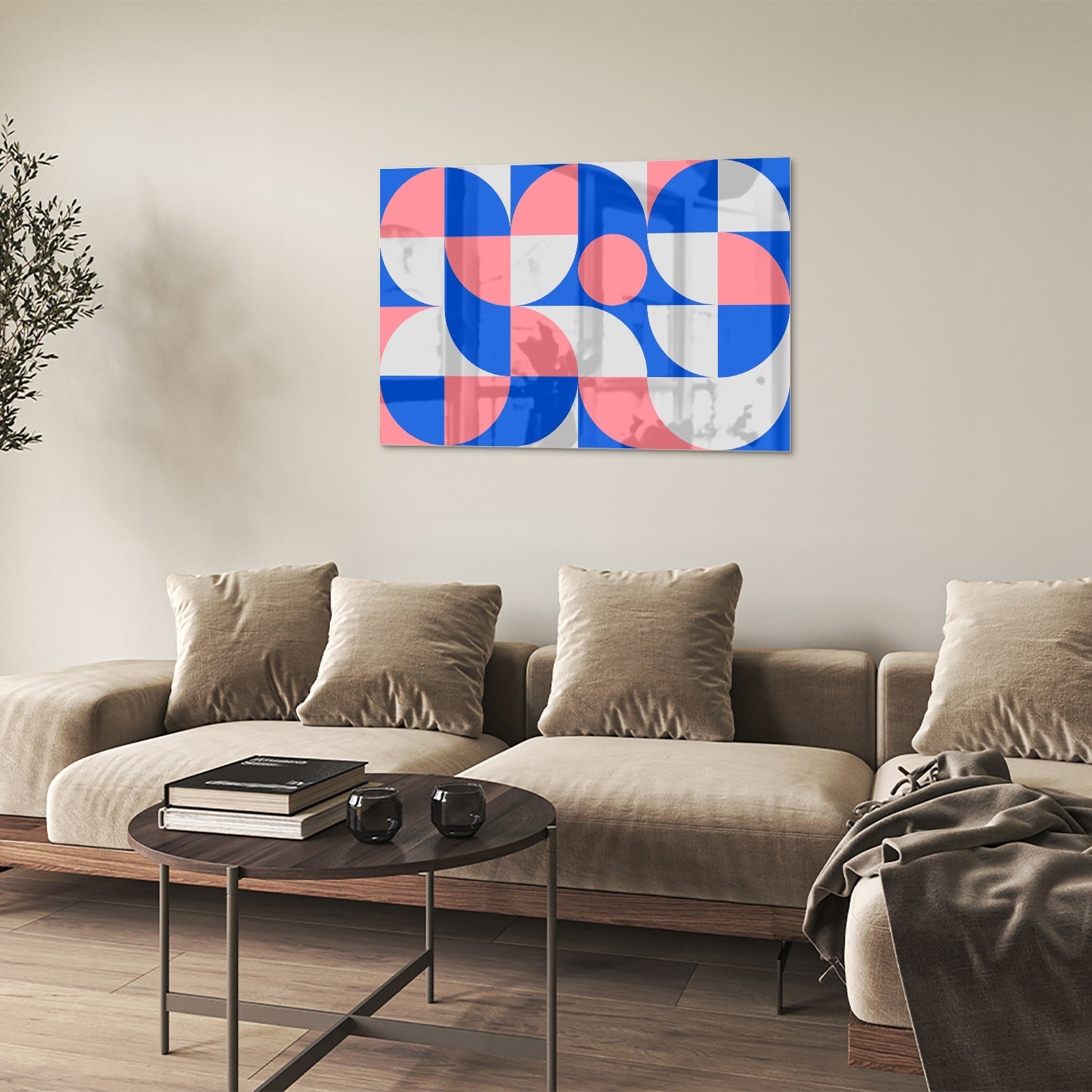 Abstraktes Glasbild mit blauen und rosa Farbtönen – Glasbild aus Sicherheitsglas, Größe 50x50