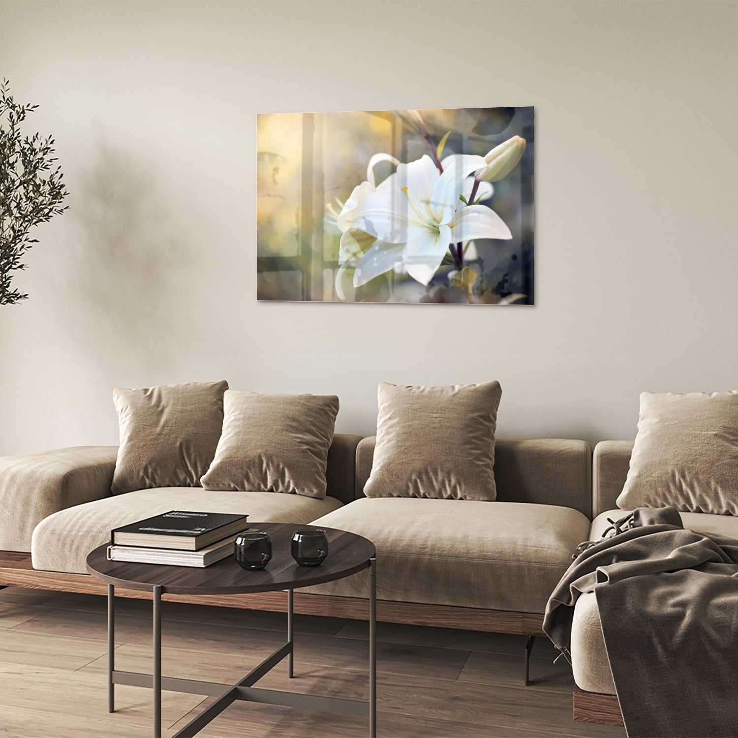 Elegantes Glasbild mit weißer Lilie – Glasbild aus Sicherheitsglas, Größe 50x50