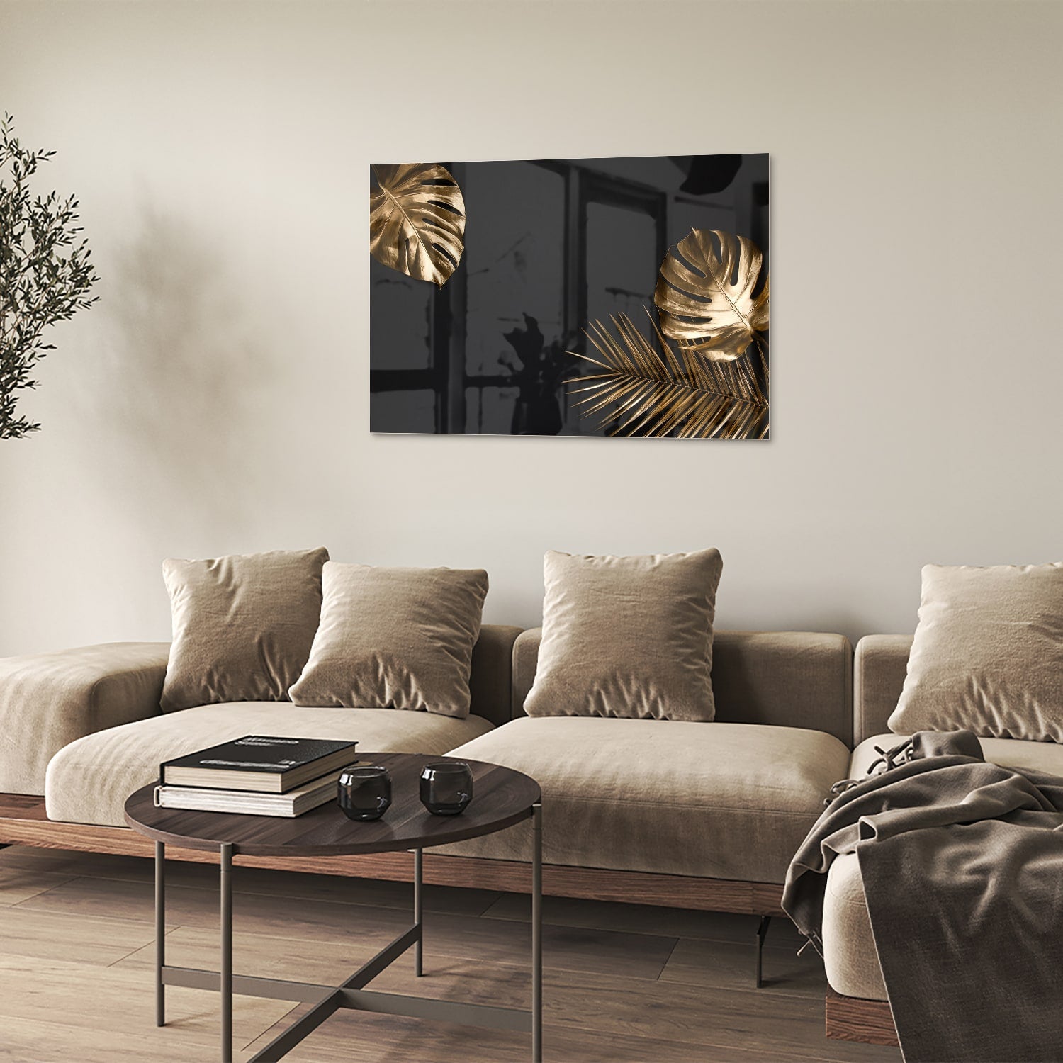 Glänzendes Glasbild mit goldenen Blättern – Glasbild aus Sicherheitsglas, Größe 50x50