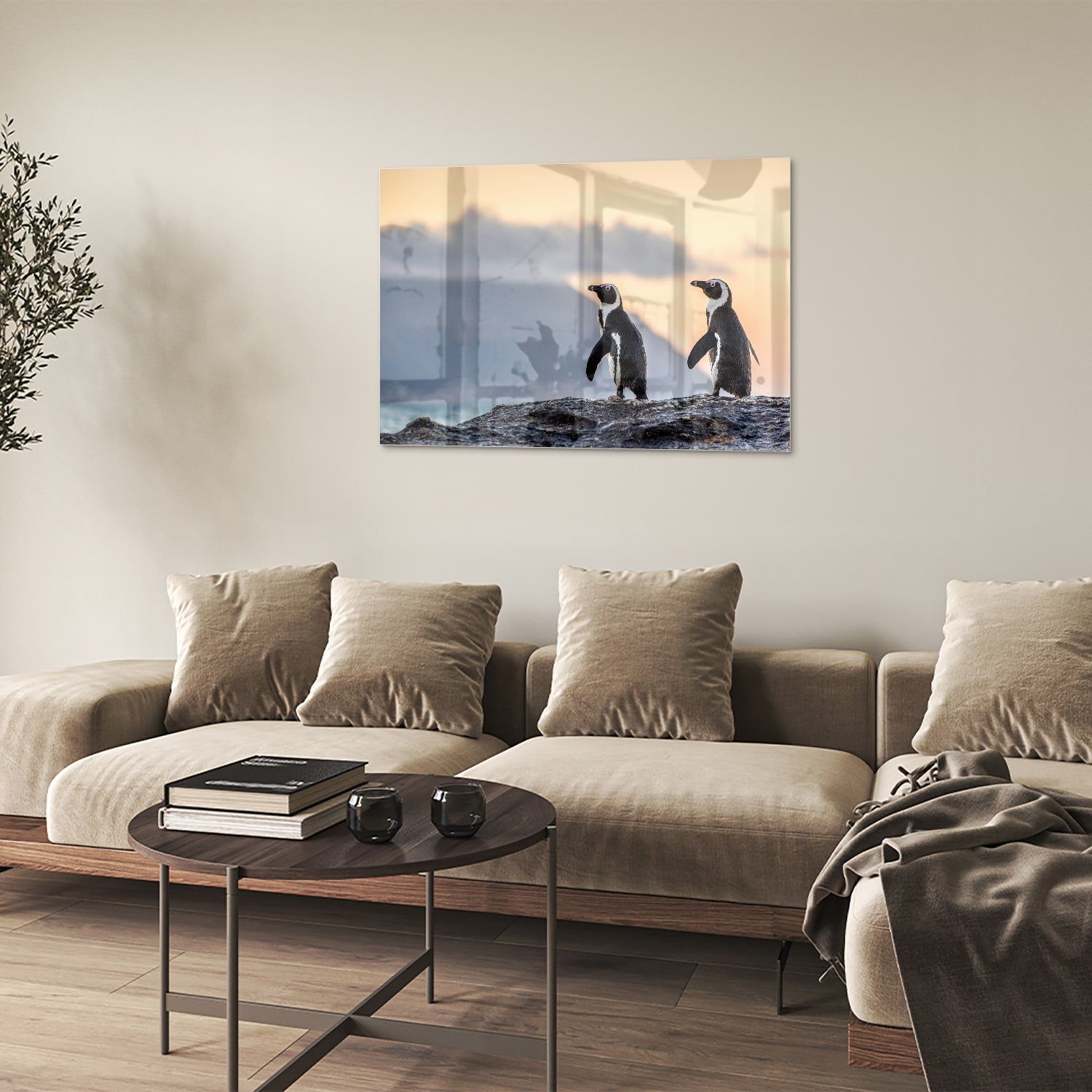 Glasbild mit Pinguinen bei Sonnenuntergang – Glasbild aus Sicherheitsglas, Größe 50x50