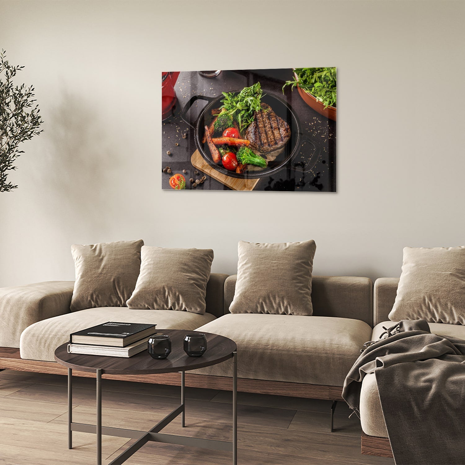 Glasbild mit köstlichen gegrillten Speisen – Glasbild aus Sicherheitsglas, Größe 50x50