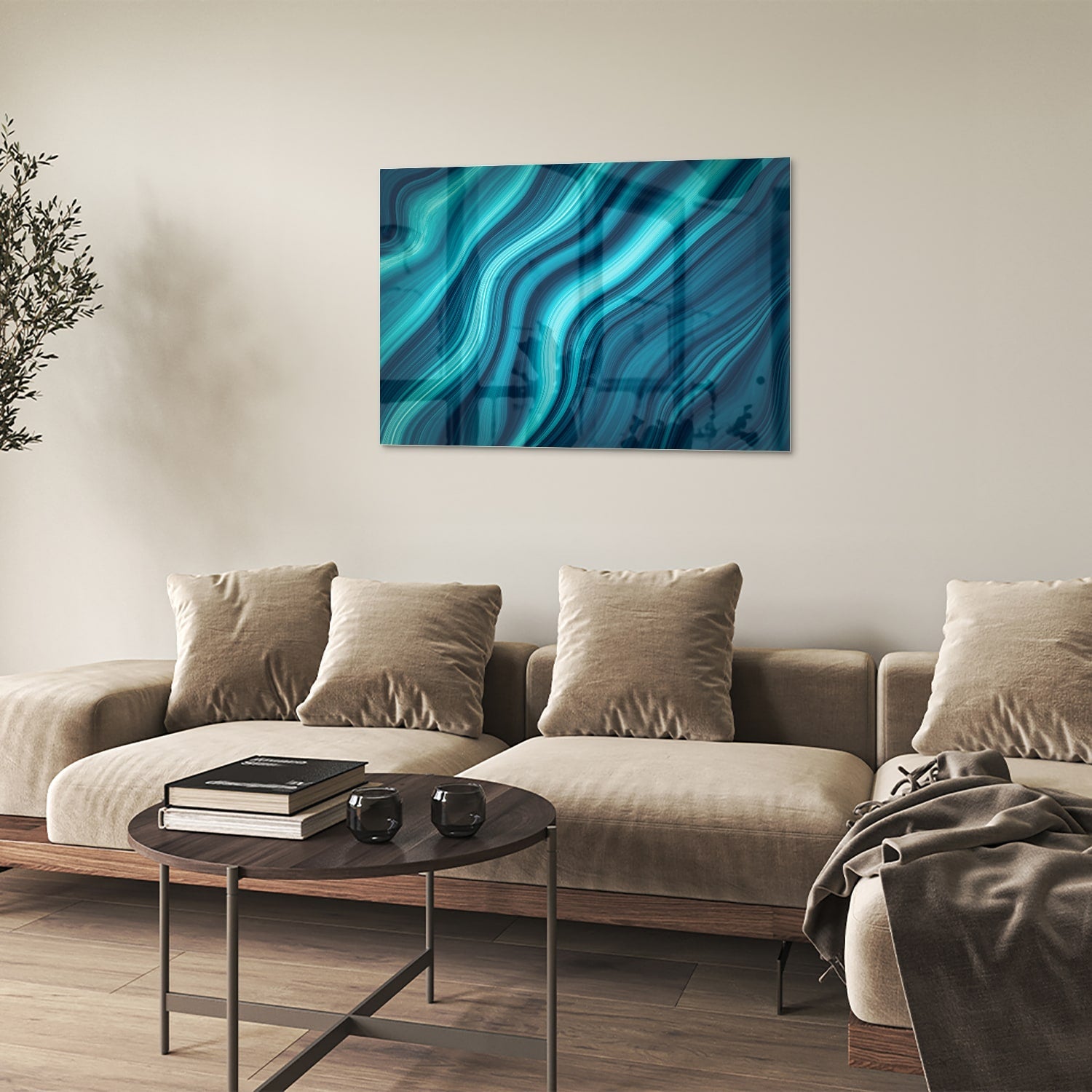 Stilvolles Glasbild mit blauen Wellen – Glasbild aus Sicherheitsglas, Größe 50x50