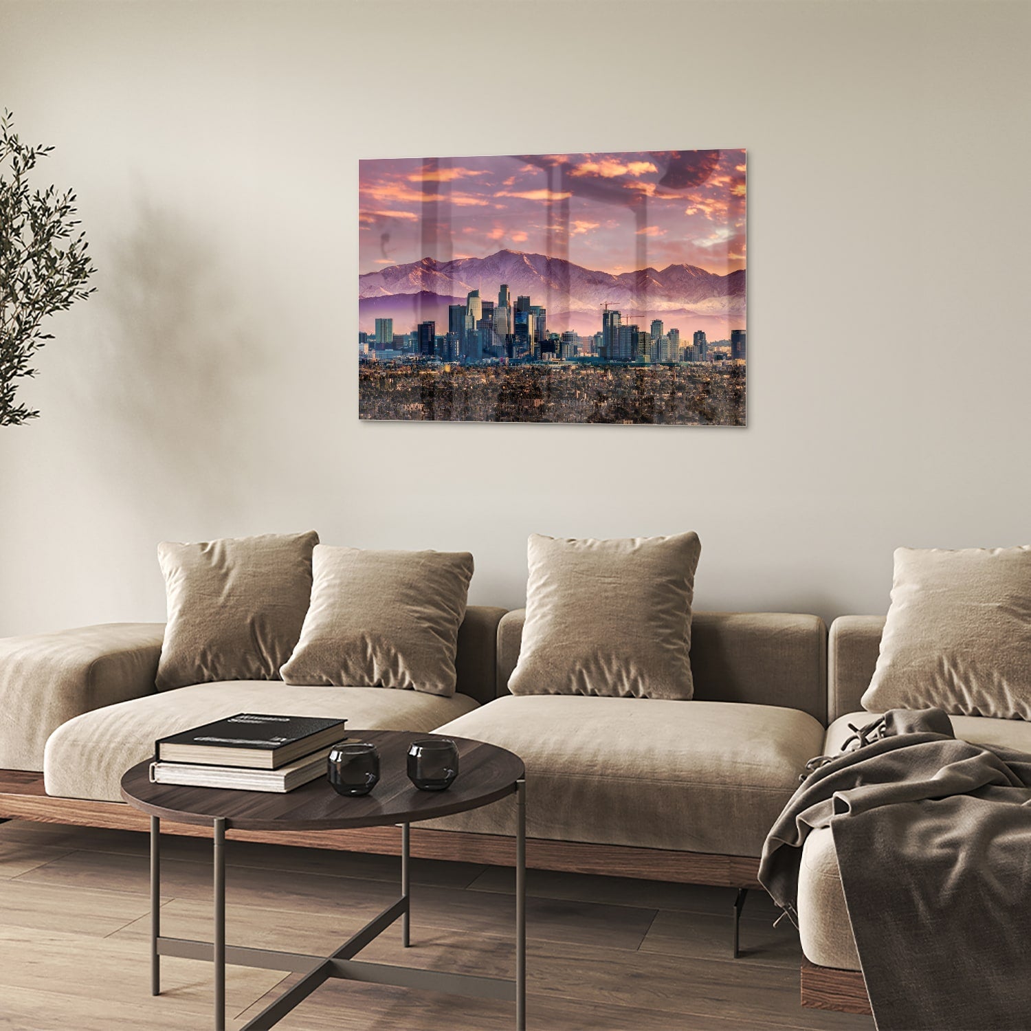 Glasbild Stadtpanorama bei Sonnenuntergang – Glasbild aus Sicherheitsglas, Größe 50x50
