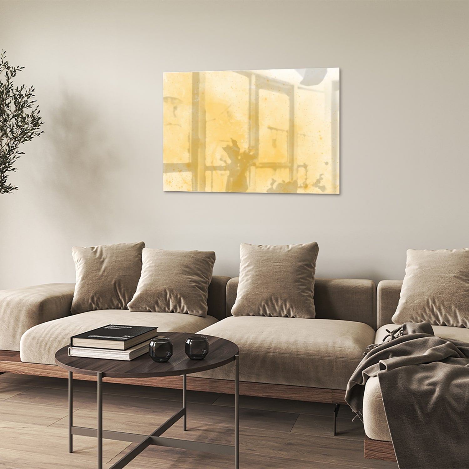 Goldenes abstraktes Glasbild für moderne Innenräume – Glasbild aus Sicherheitsglas, Größe 50x50