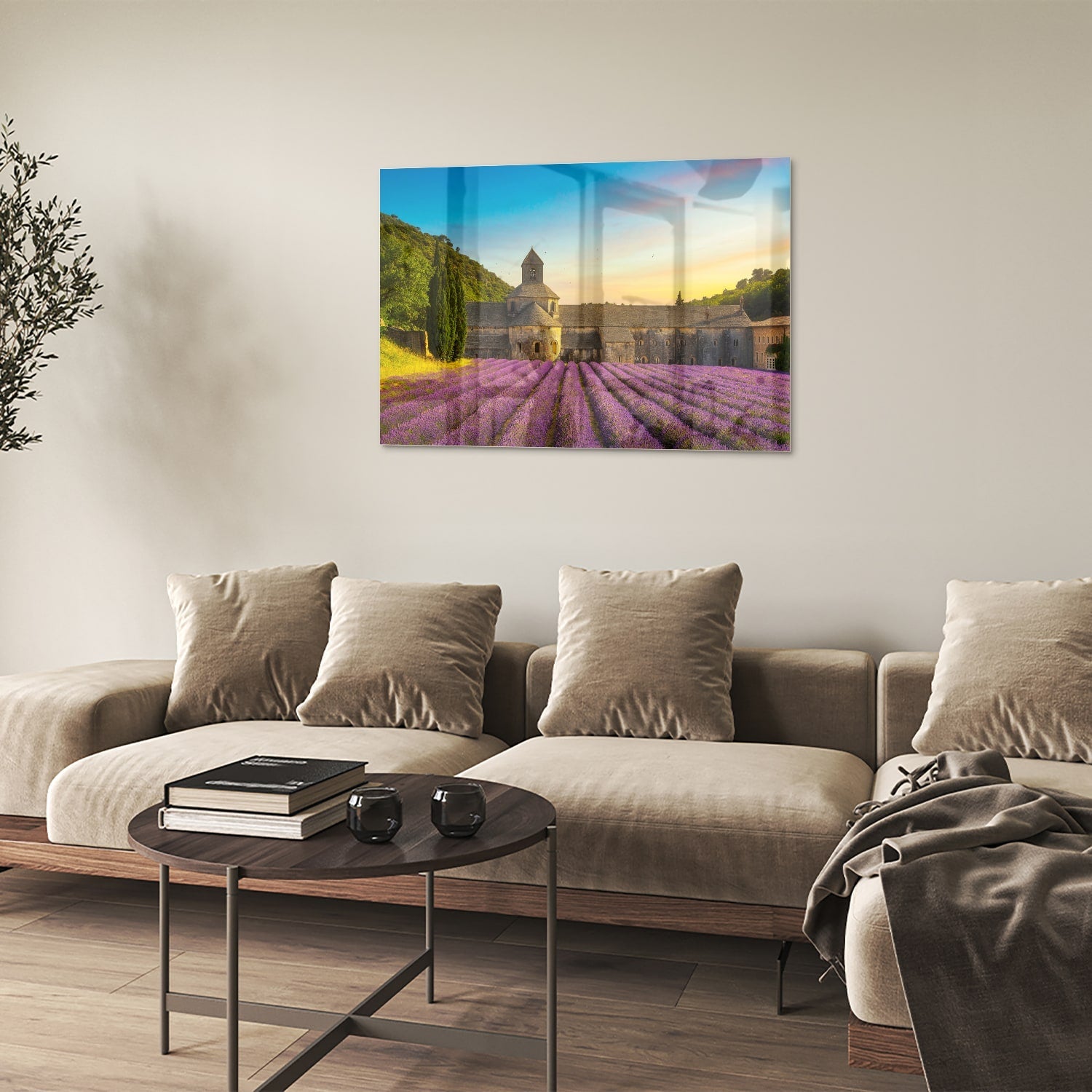 Wunderschönes Glasbild mit Lavendelfeldern – Glasbild aus Sicherheitsglas, Größe 50x50