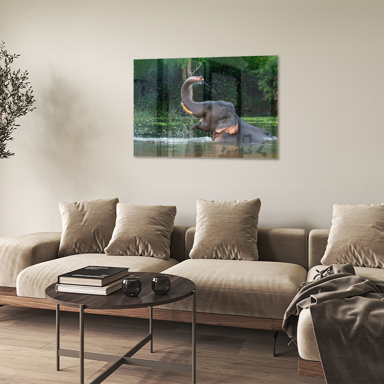 Wunderschönes Glasbild mit einem Elefanten im Wasser – Glasbild aus Sicherheitsglas, Größe 50x50