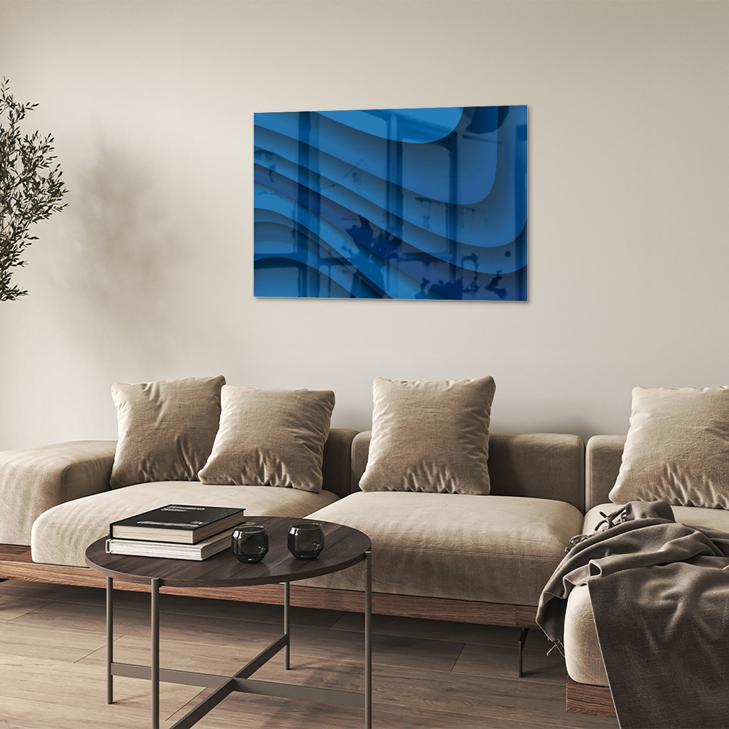 Modernes Glasbild in verschiedenen Blautönen – Glasbild aus Sicherheitsglas, Größe 50x50