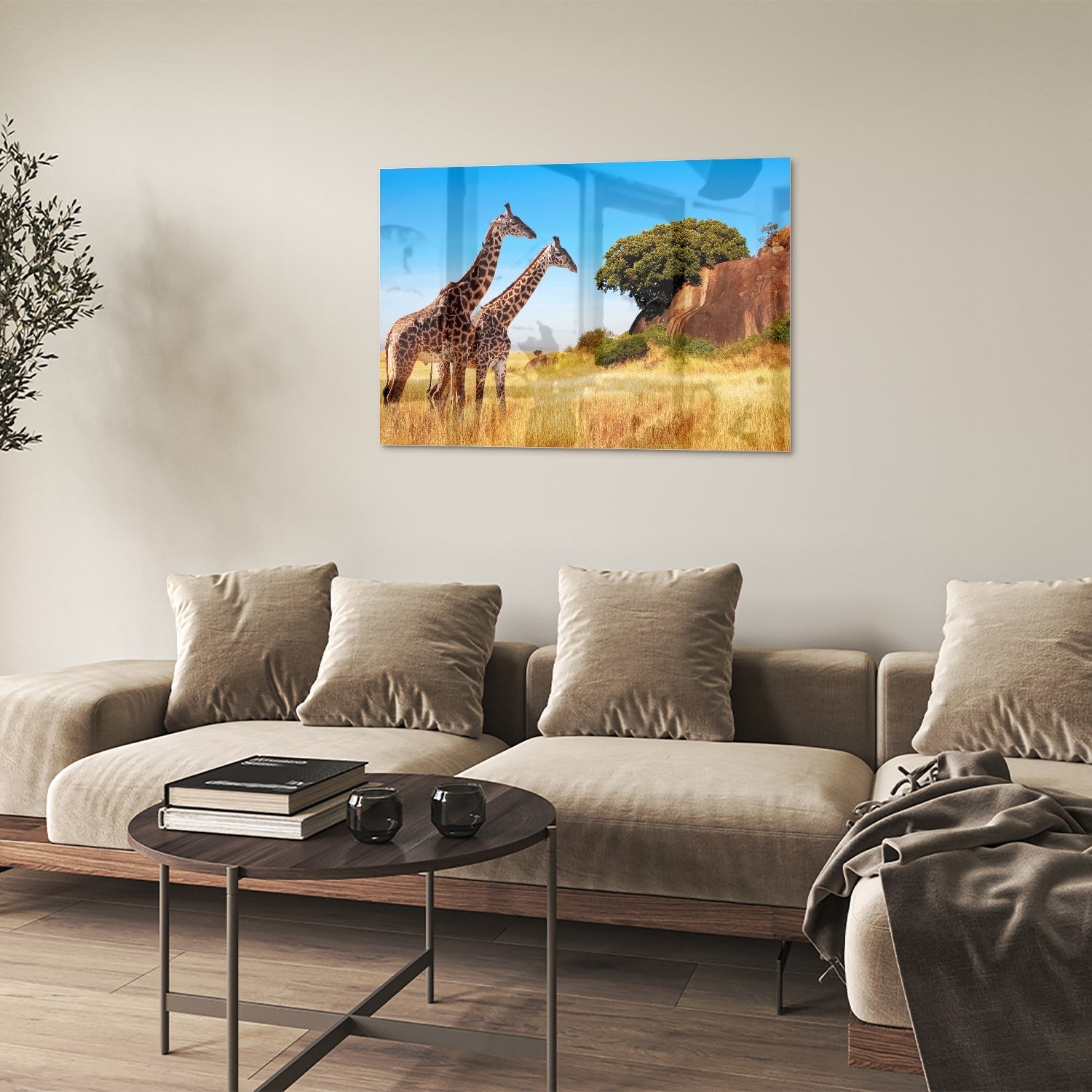 Glasbild mit zwei Giraffen in der afrikanischen Landschaft – Glasbild aus Sicherheitsglas, Größe 50x50