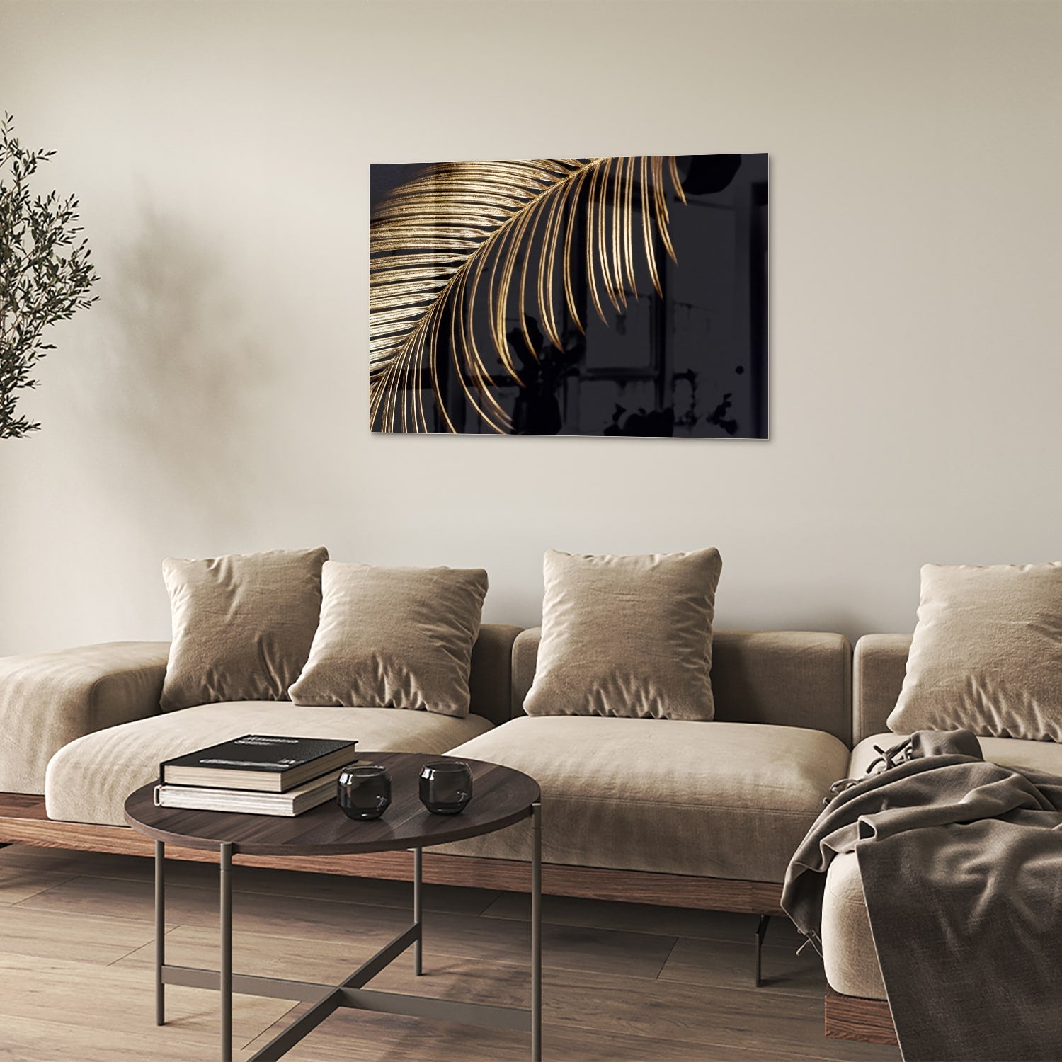 Goldfarbenes Glasbild mit Palmblatt auf schwarzem Hintergrund – Glasbild aus Sicherheitsglas, Größe 50x50