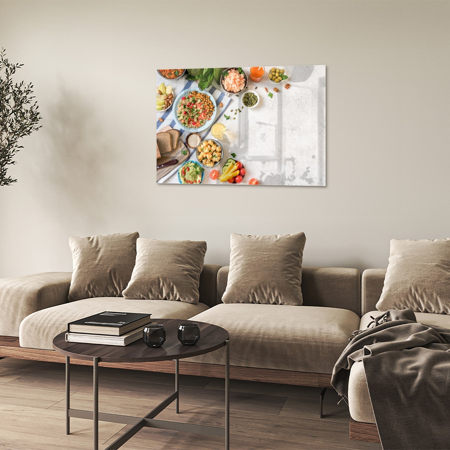 Farbenfrohes Glasbild mit frischen Speisen – Glasbild aus Sicherheitsglas, Größe 50x50