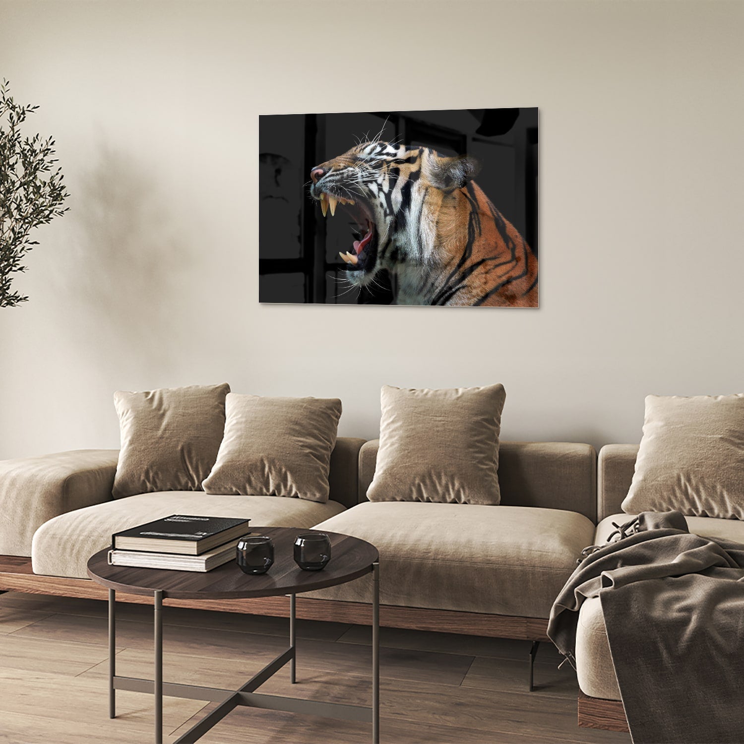 Beeindruckendes Glasbild mit einem brüllenden Tiger – Glasbild aus Sicherheitsglas, Größe 50x50