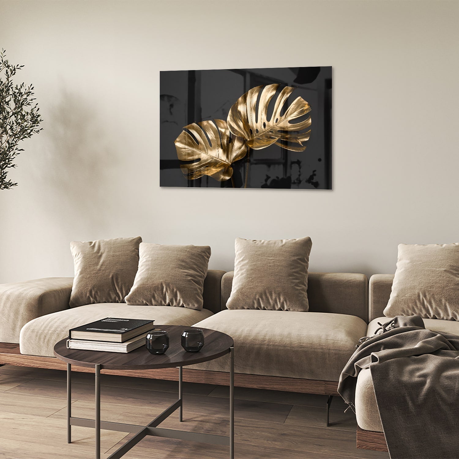 Goldenes Monstera-Glasbild für Wanddekoration – Glasbild aus Sicherheitsglas, Größe 50x50