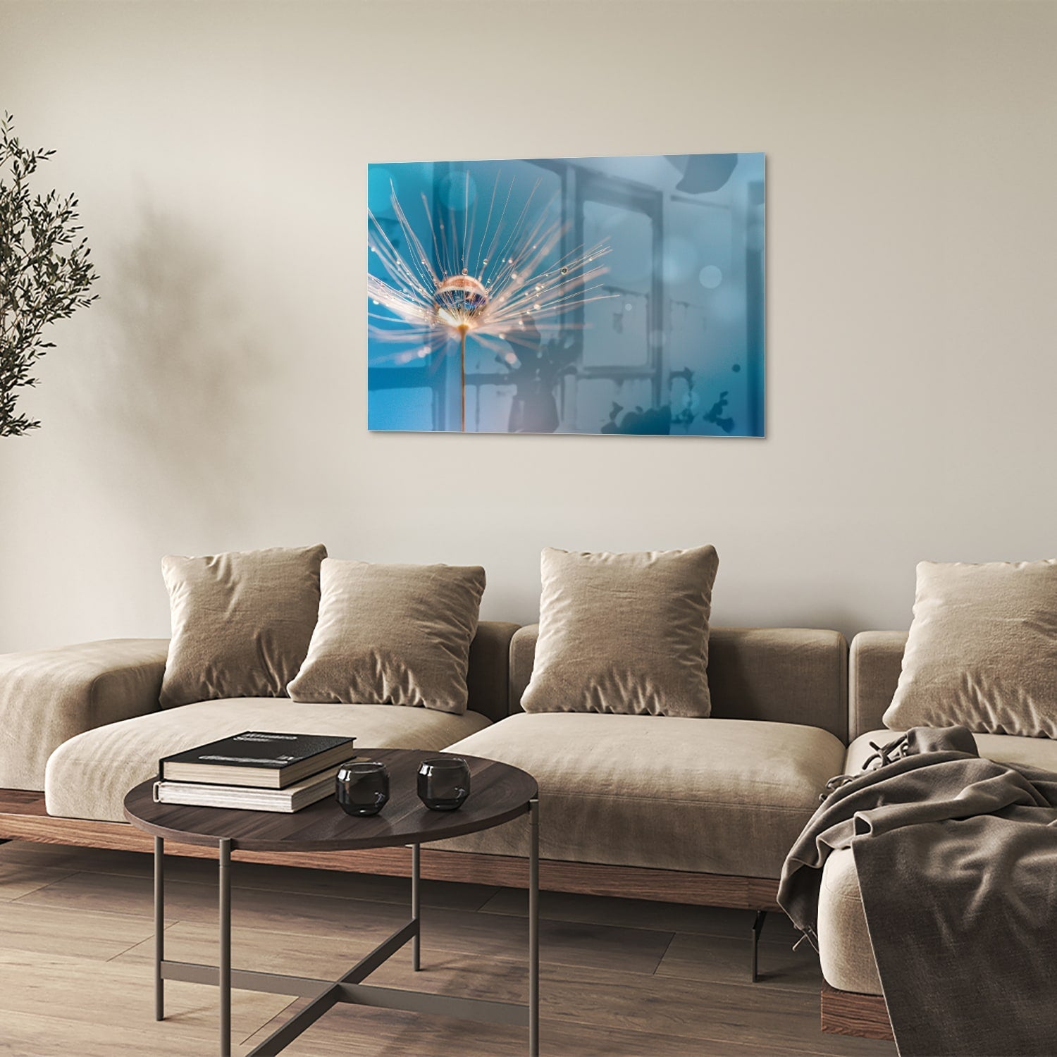 Elegantes Glasbild mit Löwenzahn-Design – Glasbild aus Sicherheitsglas, Größe 50x50