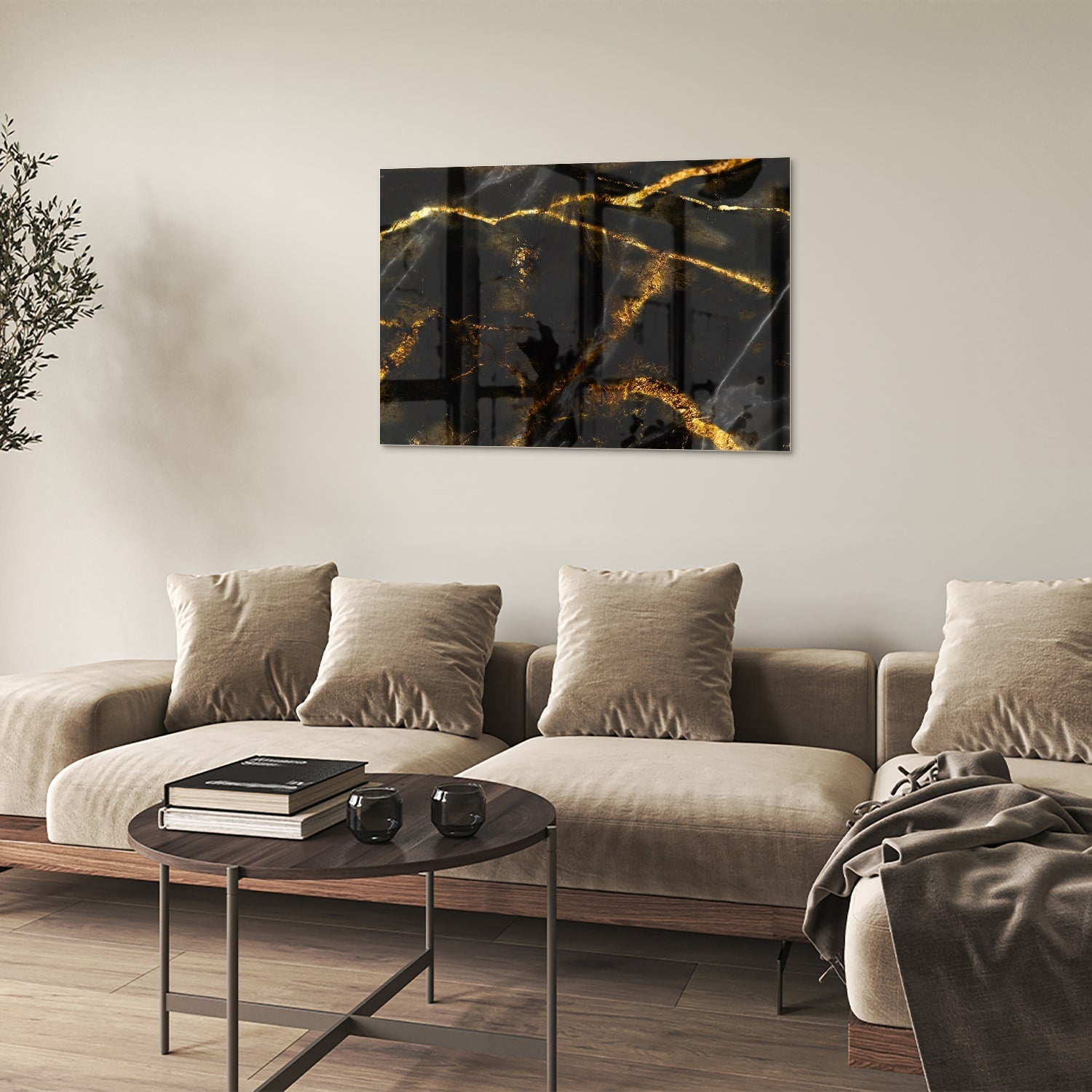 Glasbild mit schwarzem und goldenem Marmordesign – Glasbild aus Sicherheitsglas, Größe 50x50