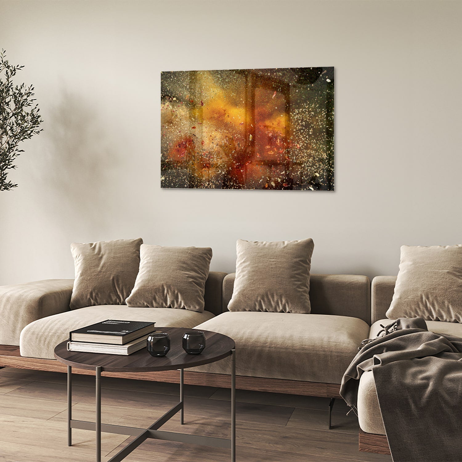 Abstraktes Glasbild mit warmen Farben – Glasbild aus Sicherheitsglas, Größe 50x50
