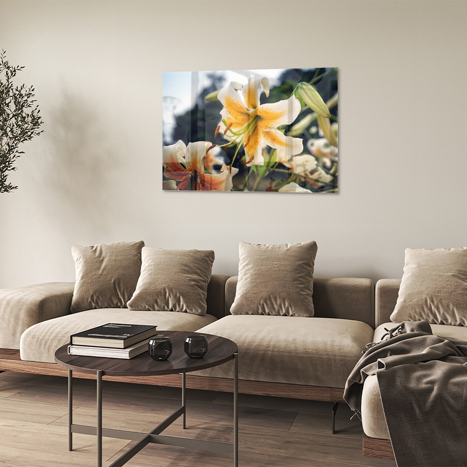 Elegantes Glasbild mit Lilien – Glasbild aus Sicherheitsglas, Größe 50x50