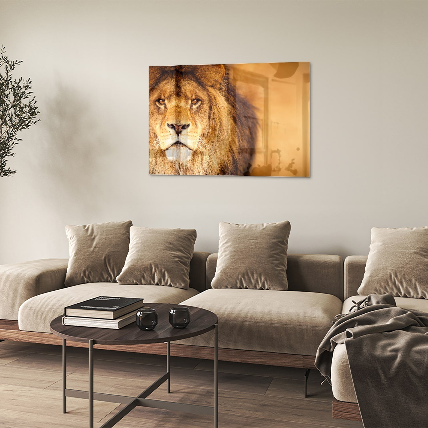 Glasbild mit majestätischem Löwen für Ihr Interieur – Glasbild aus Sicherheitsglas, Größe 50x50