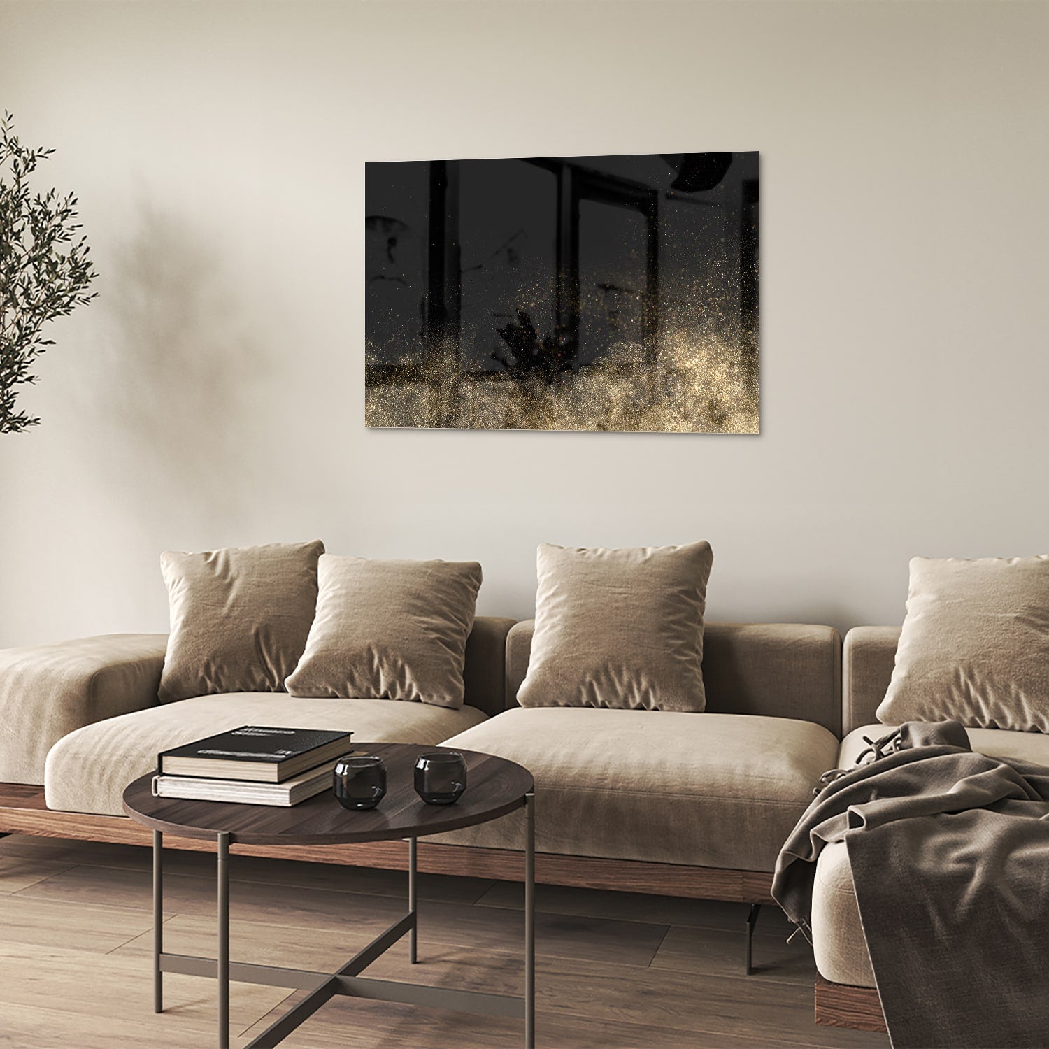 Stilvolles Glasbild mit schwarzen und goldenen Akzenten – Glasbild aus Sicherheitsglas, Größe 50x50
