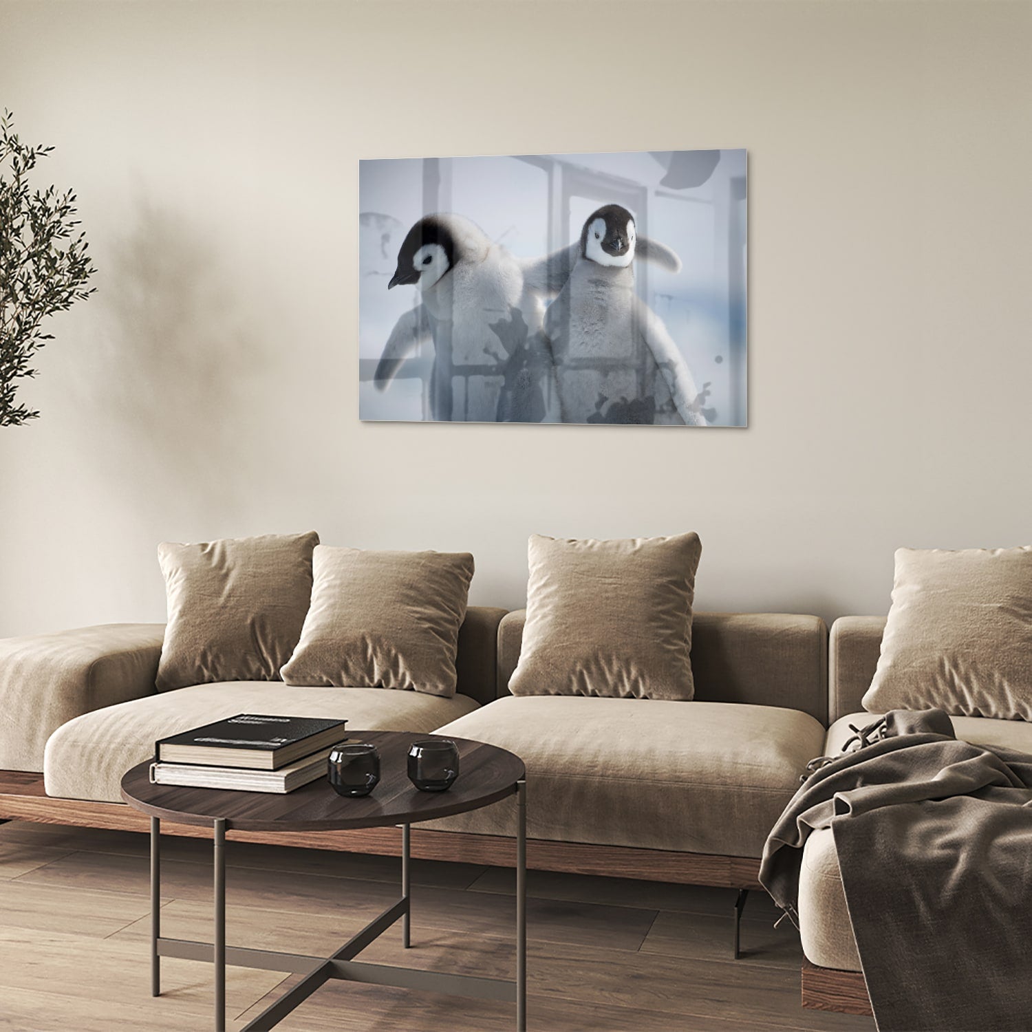 Glasbild mit zwei Pinguinen in winterlicher Atmosphäre – Glasbild aus Sicherheitsglas, Größe 50x50