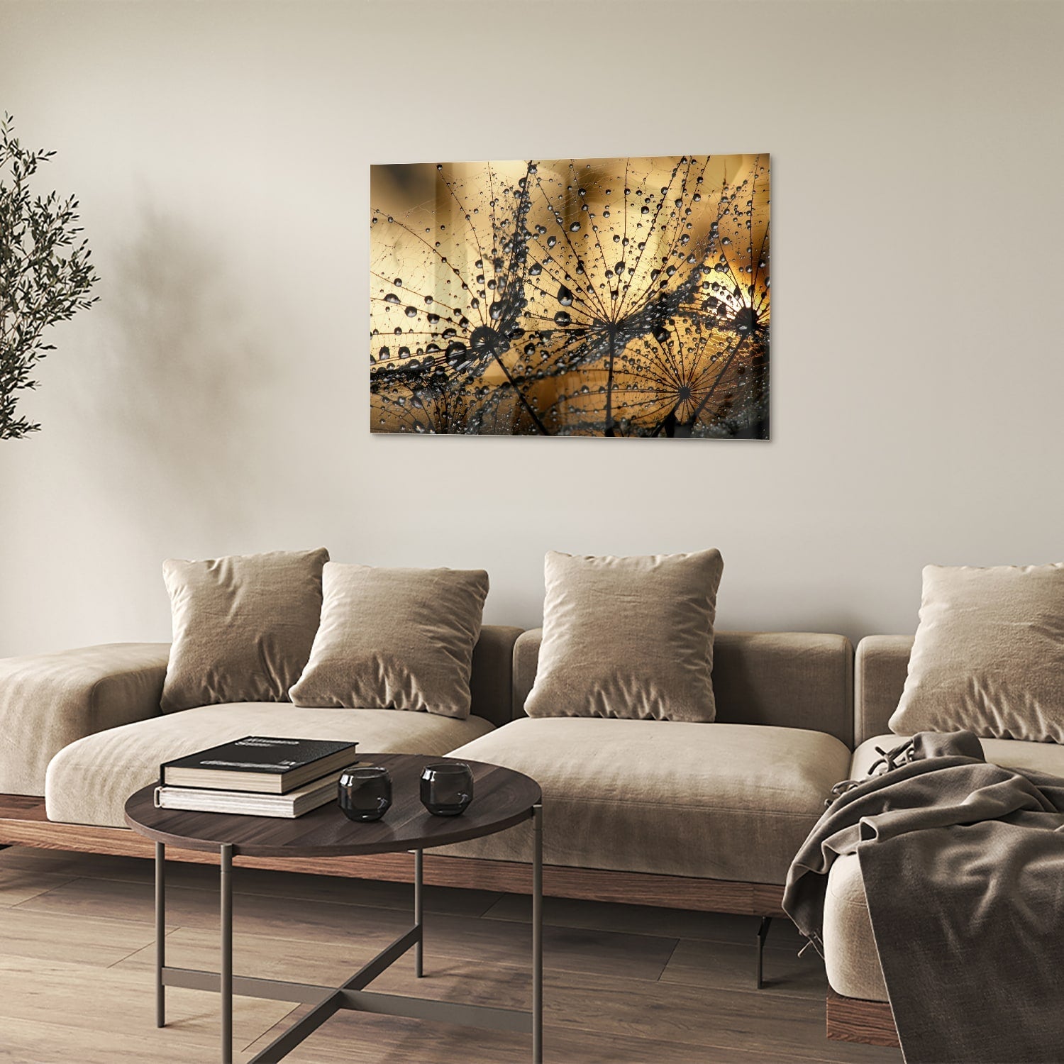 Glasbild mit goldenen Wassertropfen – Glasbild aus Sicherheitsglas, Größe 50x50