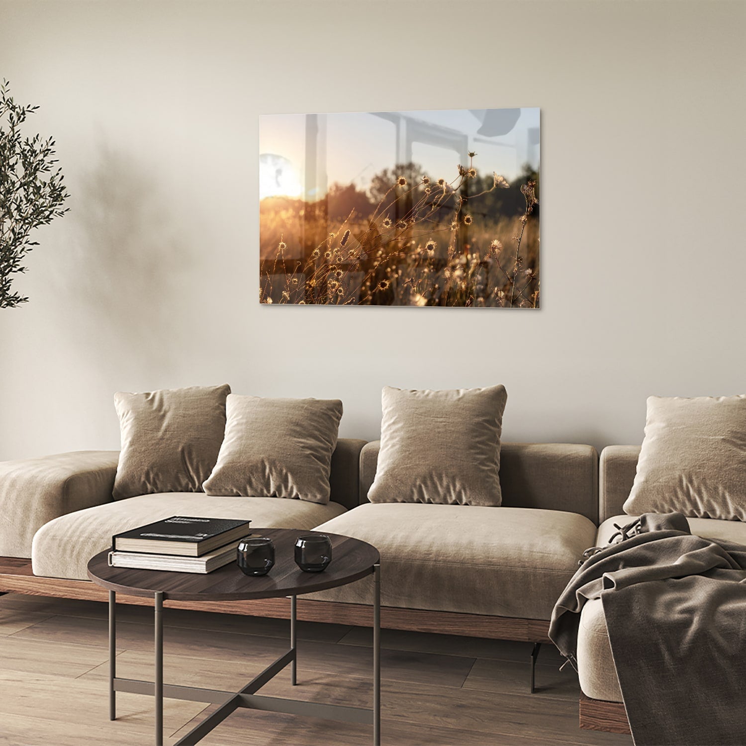 Zauberhaftes Glasbild mit goldenem Sonnenuntergang – Glasbild aus Sicherheitsglas, Größe 50x50